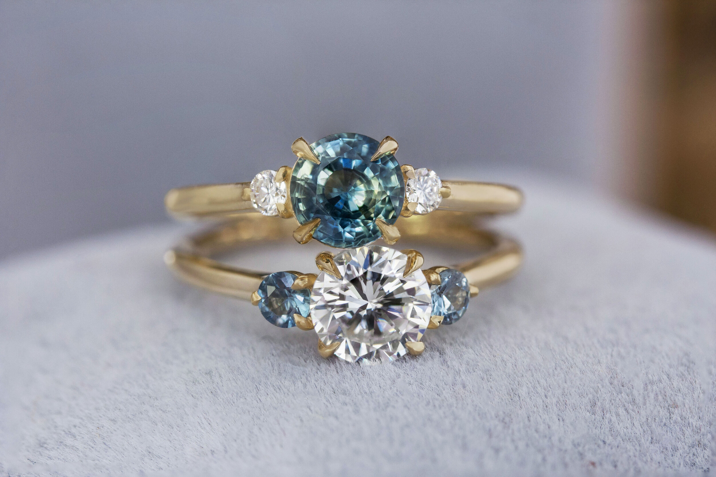 Three Stone Aurelia with Sapphire Sides Ring (BAR) — Emily Chelsea Jewelry