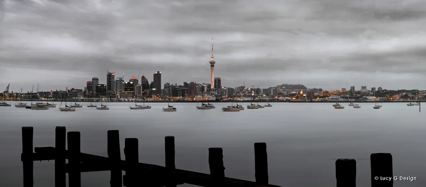'Auckland Cityscape' b/w with orange, 51x102cm glass wall art