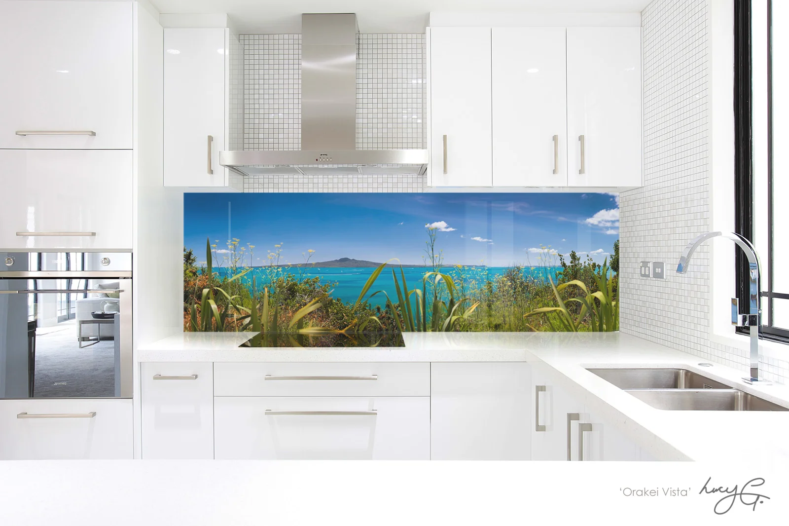'Orakei Vista' printed image on glass splashback by Lucy G