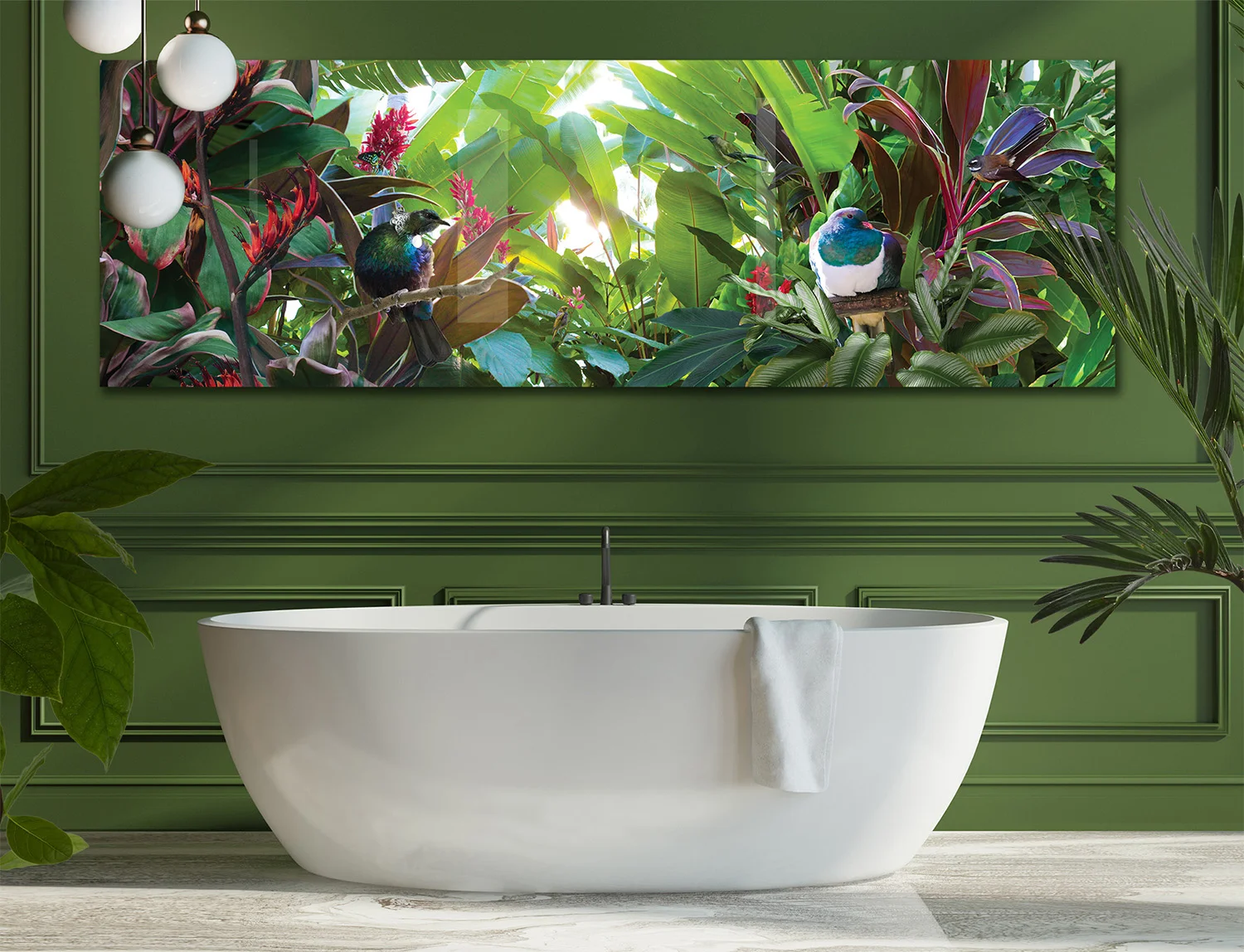 Tropical Paradise glass wall artwork in bathroom, 2.5m long.
