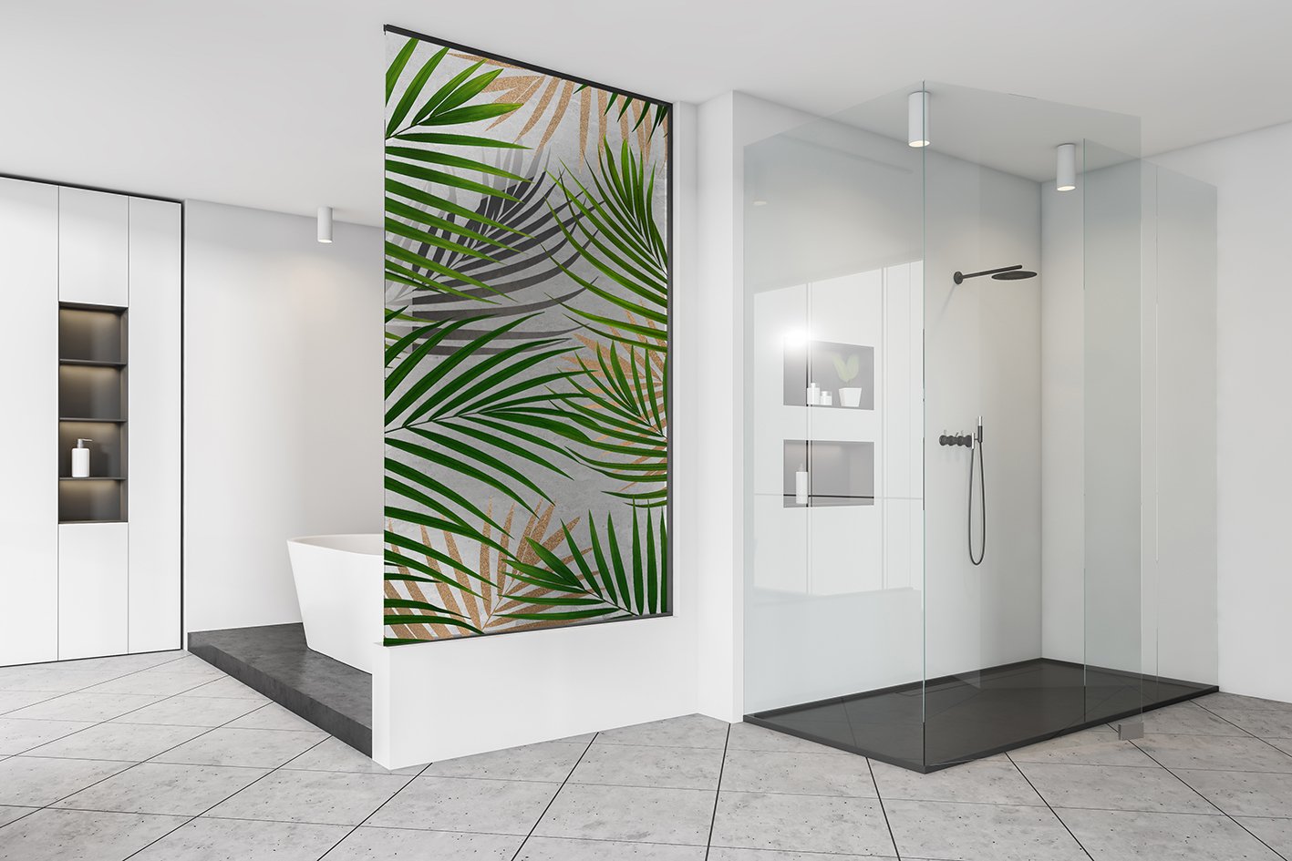 Palm silhouettes printed glass shower screen