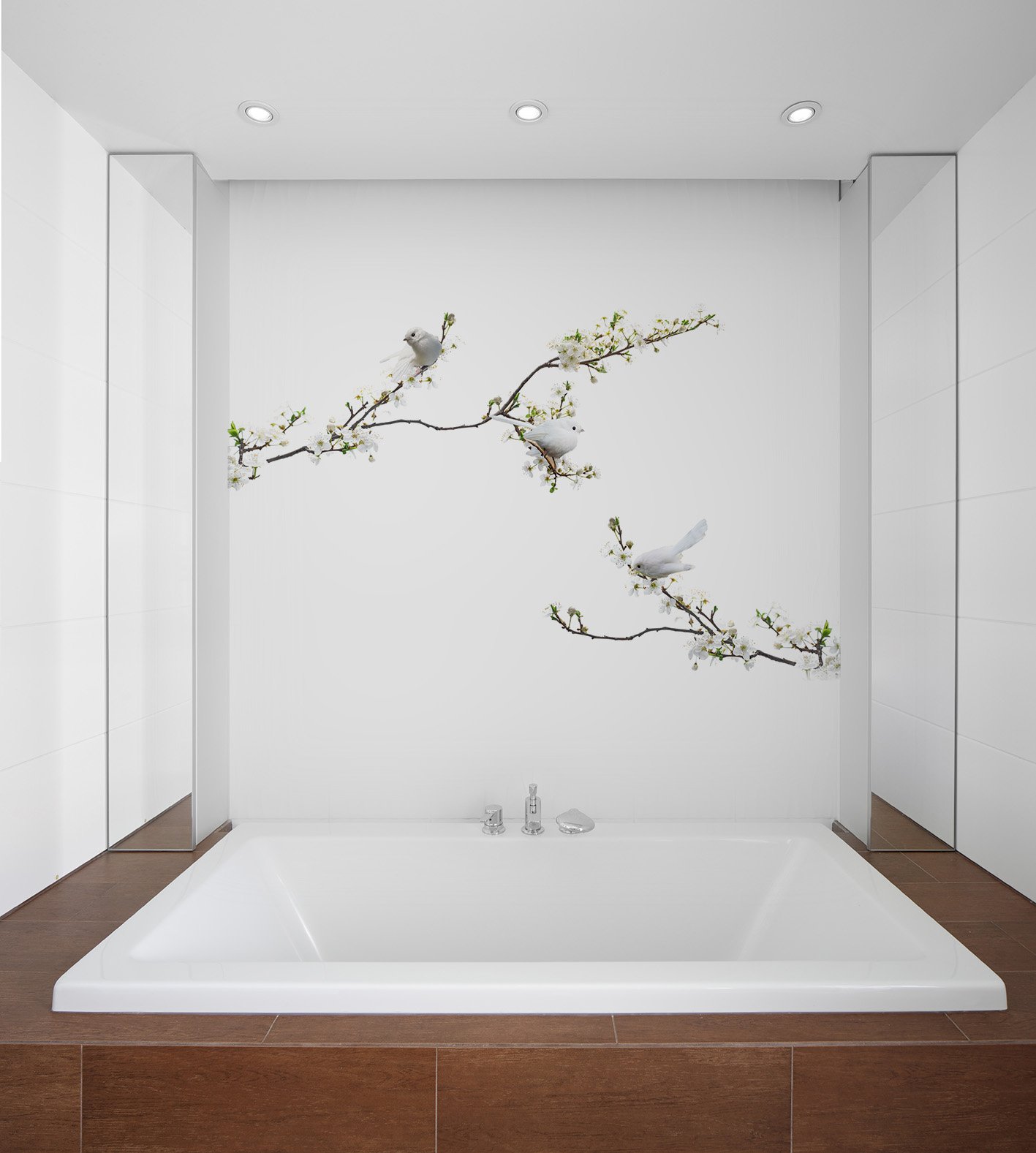 White Fantail Pure Piwakawaka on blossom bath shower glass printed splashback