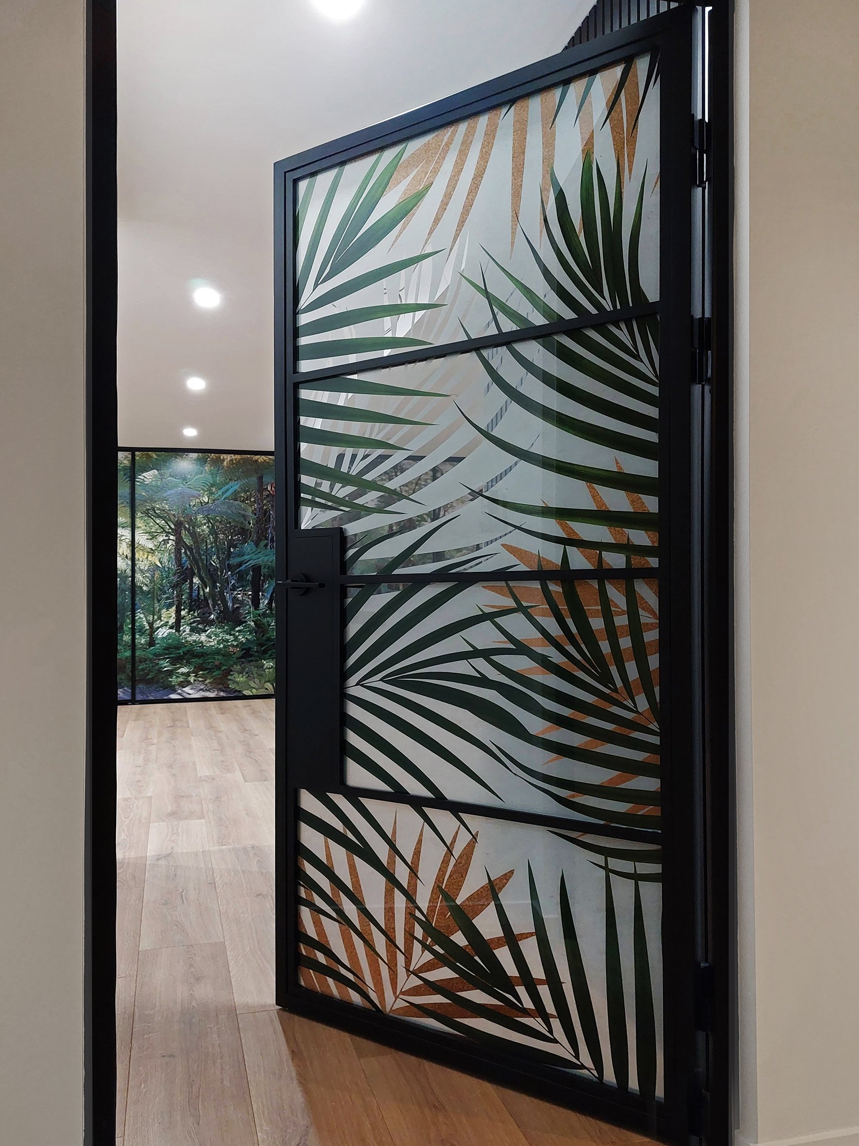Printed art door screen print to glass palm design