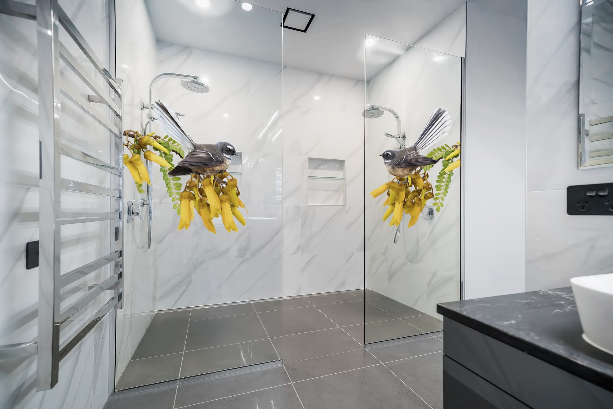 Fantail on Kowhai printed glass shower screen contemporary bathroom ideas