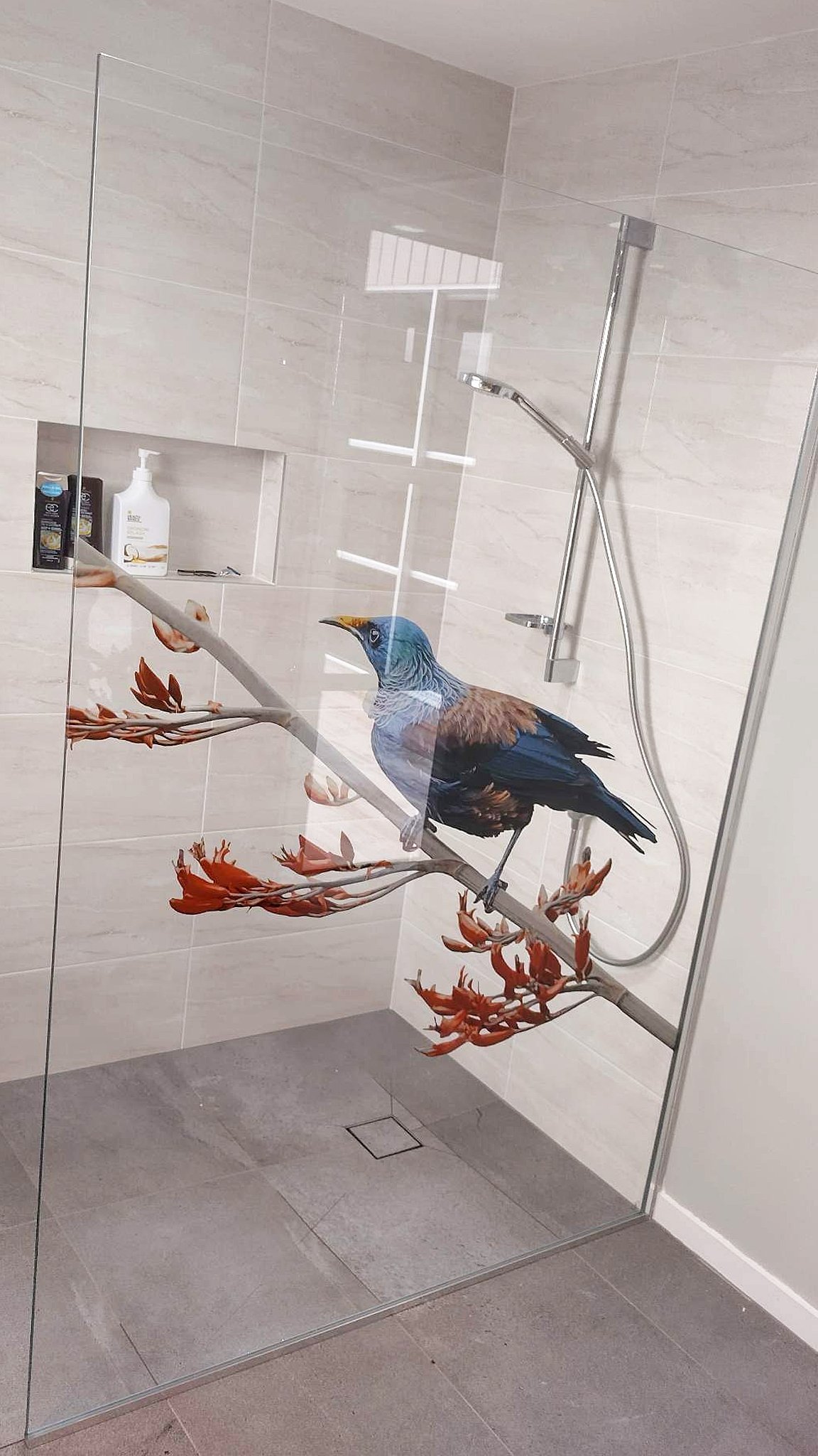 Tui on Flax art printed photo shower screen bathroom interior ideas