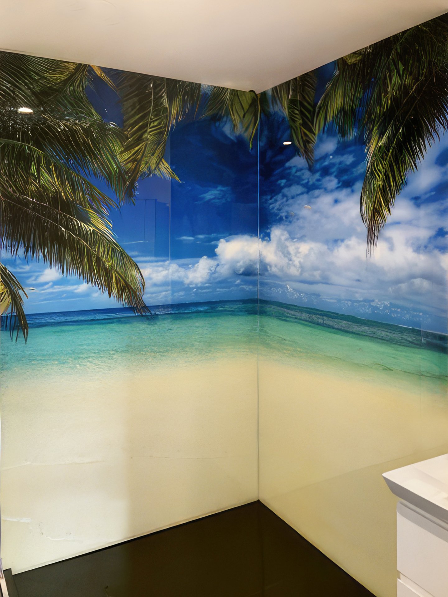 Tropical Beach palms, sand, water, Fiji printed glass shower backdrop
