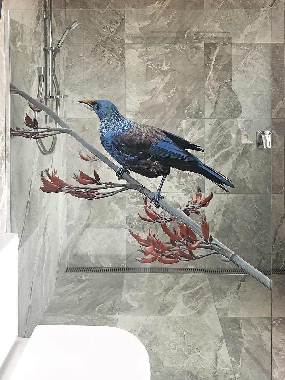 Tui on Flax printed glass shower screen photo