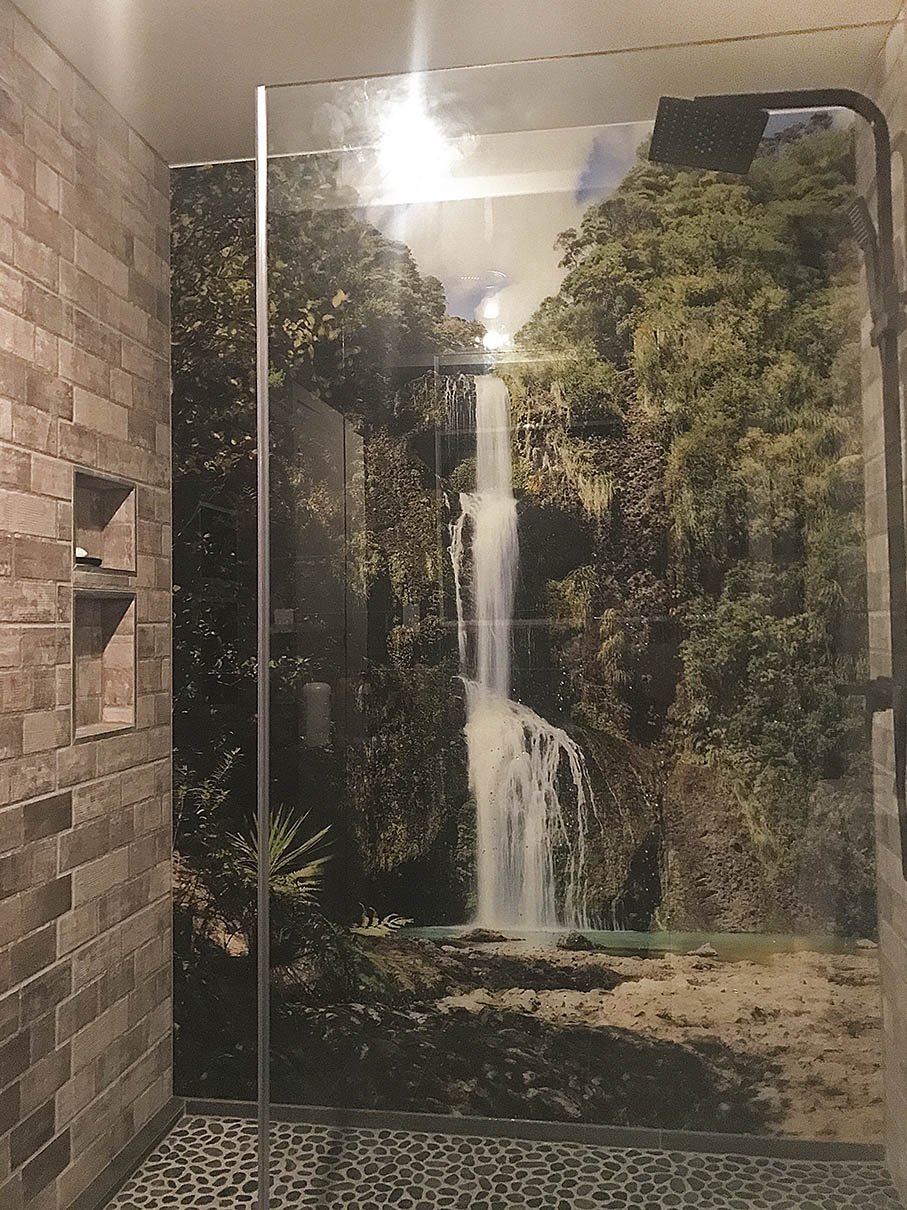 Waterfall printed glass shower splashback idea for shower