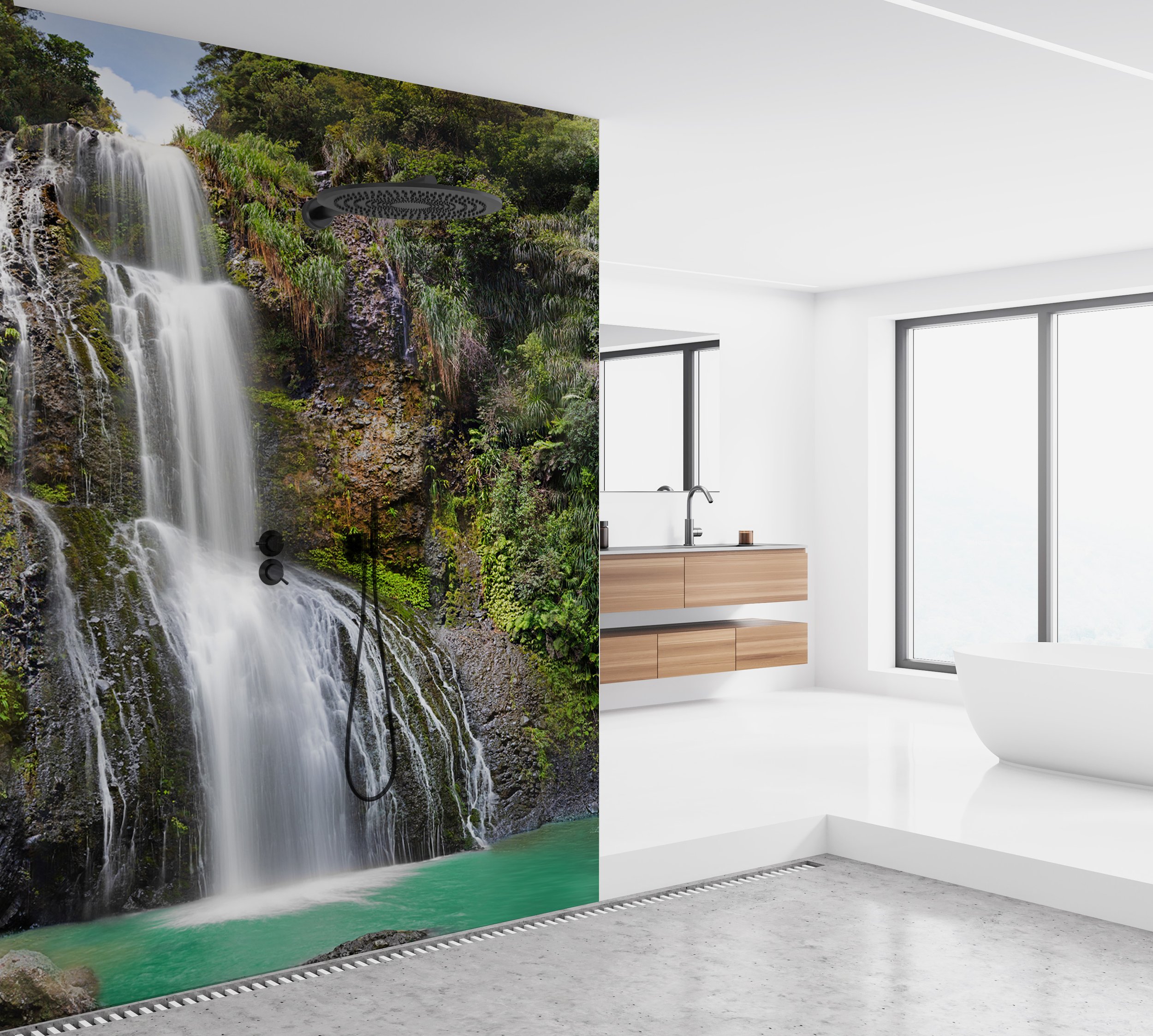 Aqua Waters waterfall printed glass shower splashback
