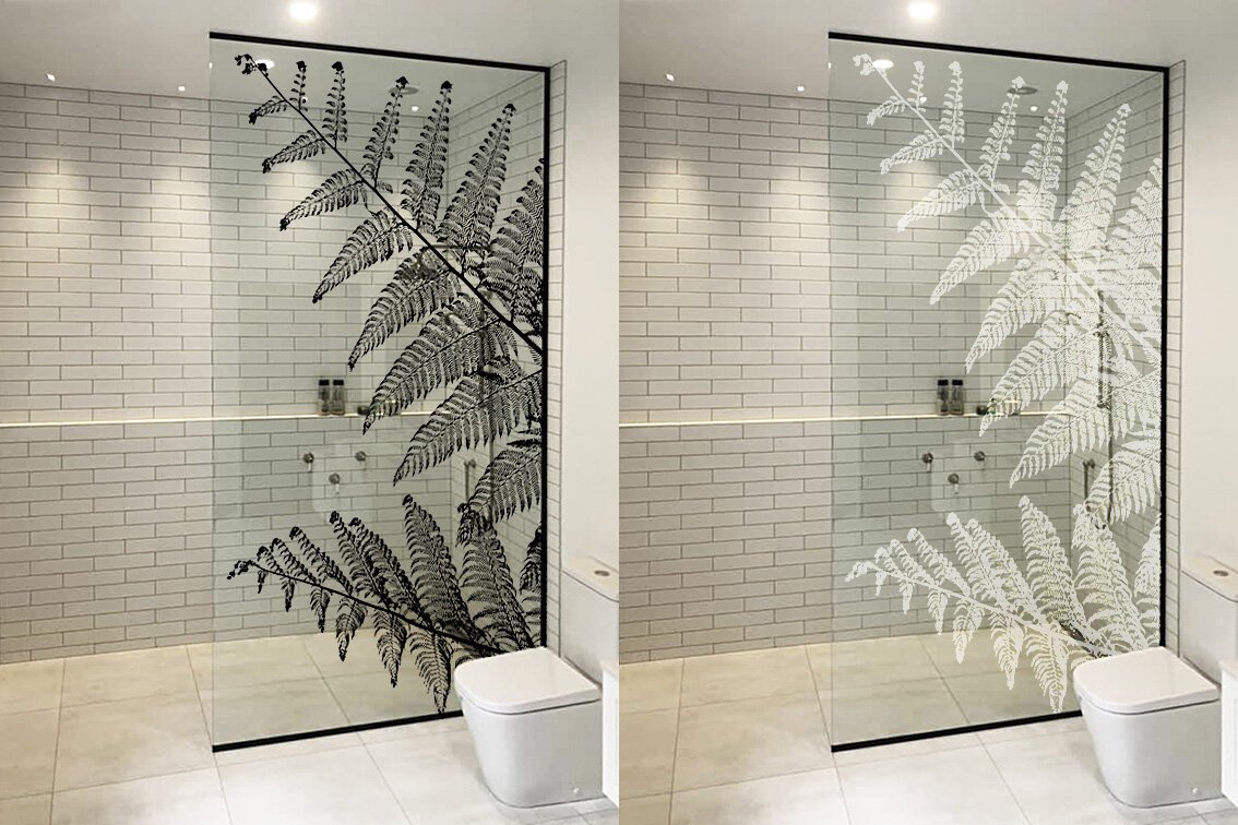 Black and white fern silhouettes - printed glass shower screen