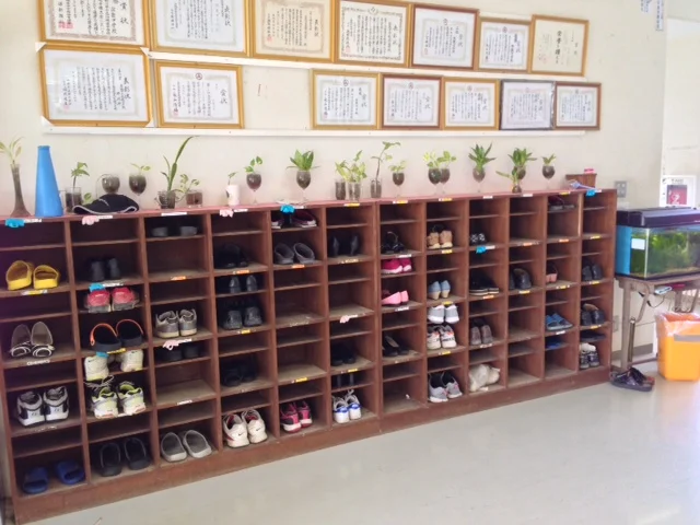 The teachers' shoe cubbies at the junior high