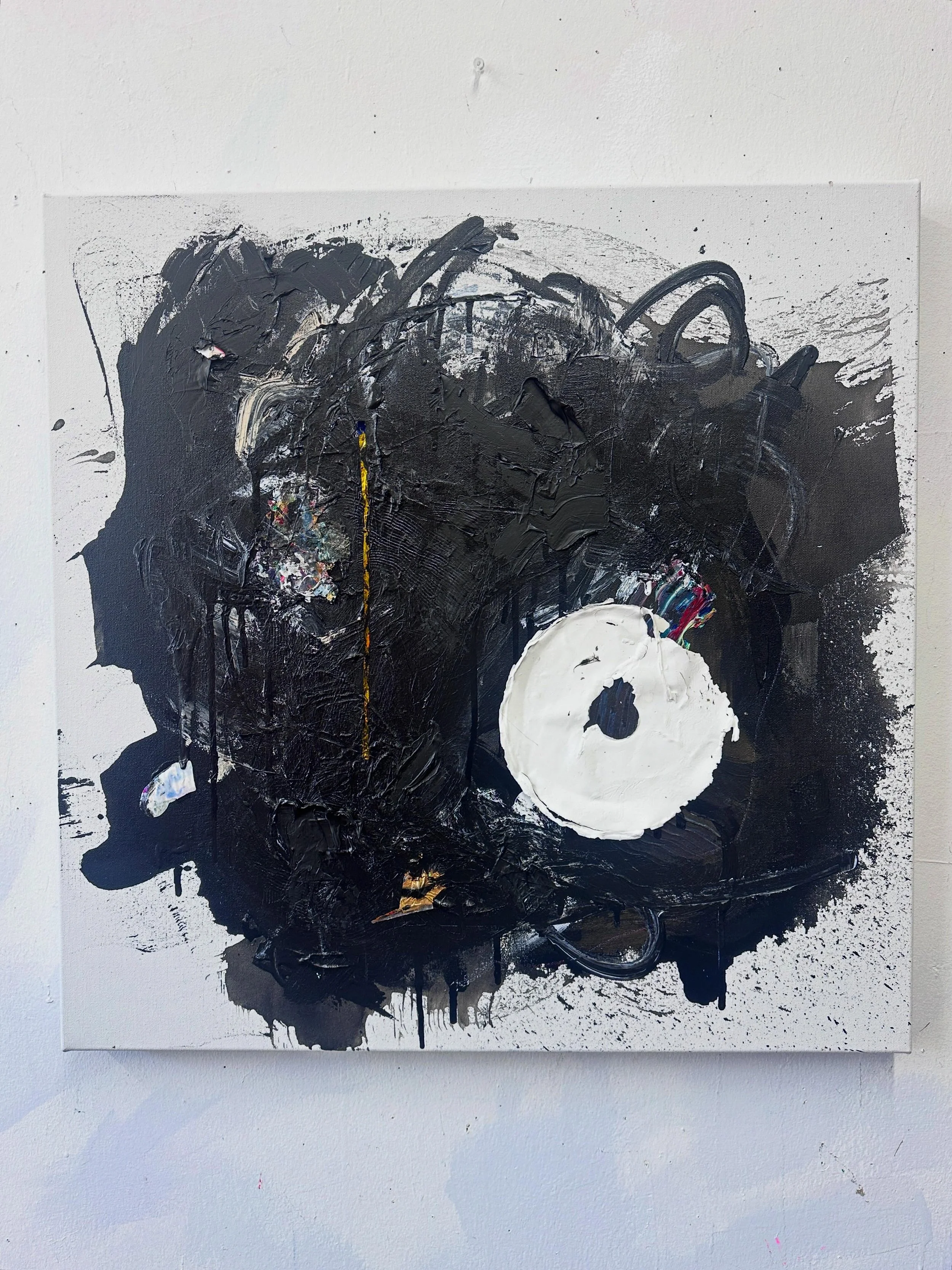 &ldquo;Maelstrom&rdquo;, acrylic and metallic gold plastic pom pom streamer on canvas, 24x24 inches, 2026 

New Work 🖤
