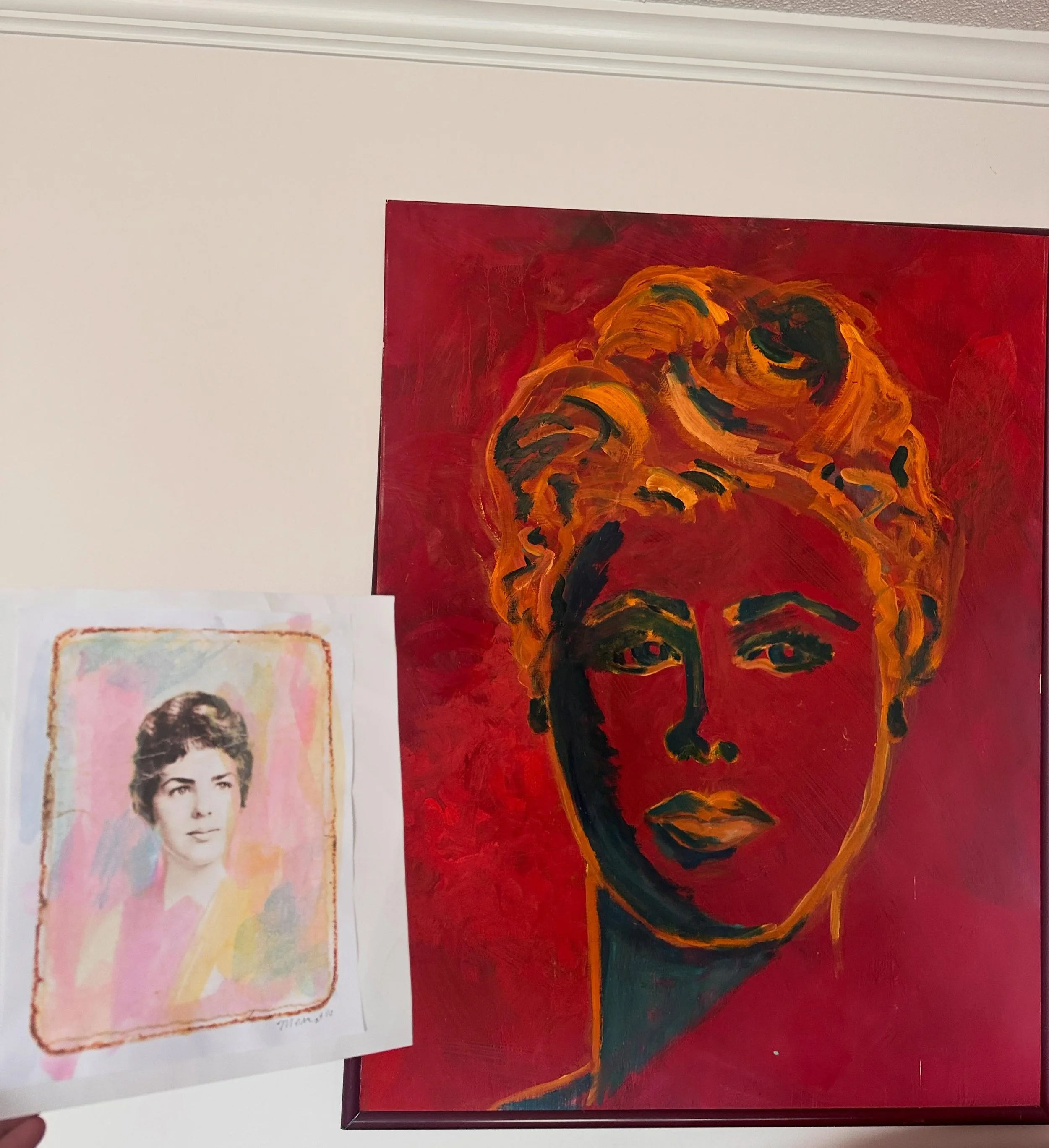 Happy Mother&rsquo;s Day!  This is a portrait of my Mom at age 16- on the left is the original photo taken of her at studio in NYC back then &hellip; i printed it out and painted on it with watercolor. The red portrait is a piece i made in painting c