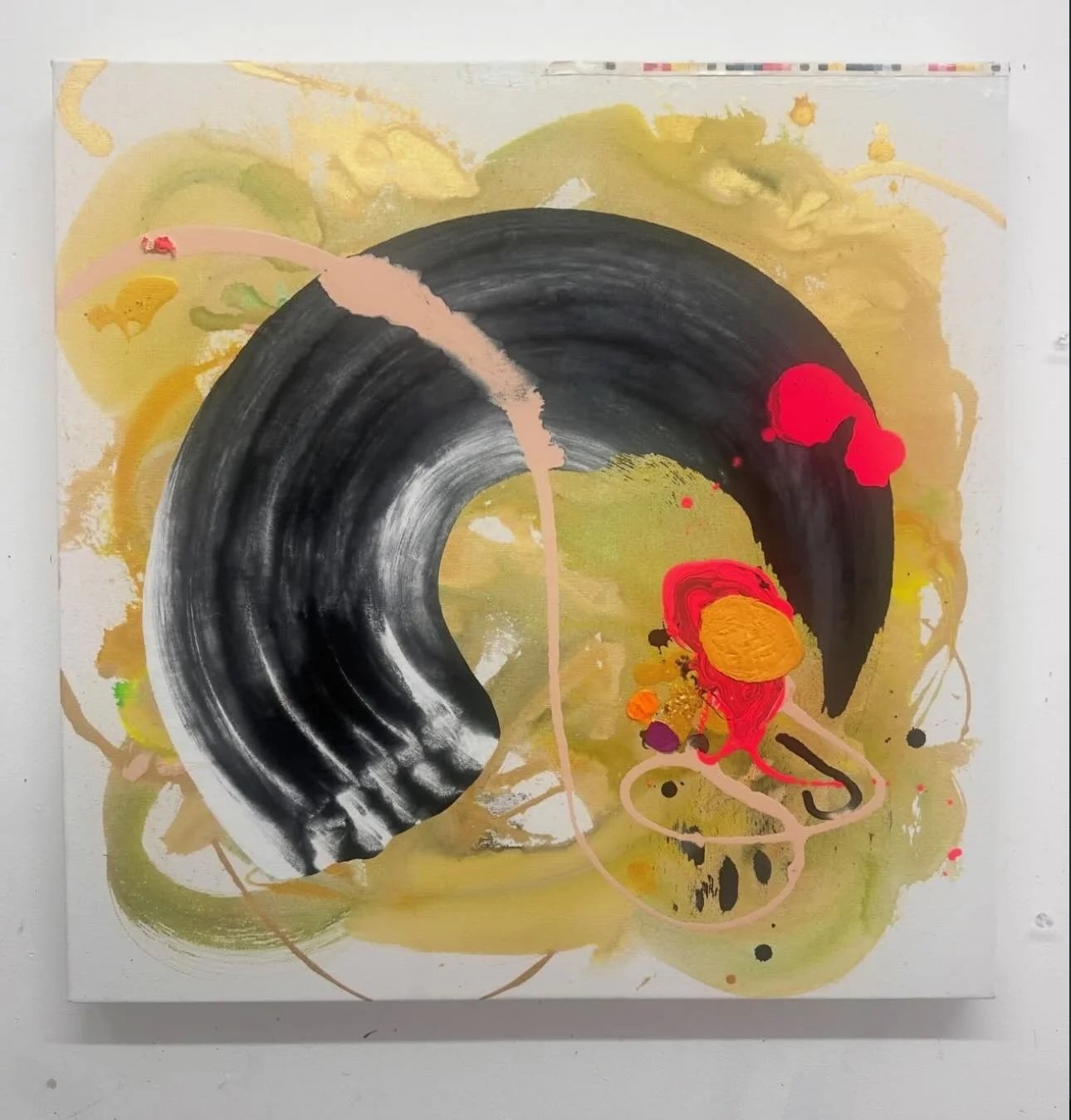 &ldquo;Vinyl / Record Store Girl&rdquo;, acrylic and plastic on canvas, 25x25 inches, 2026

I love music, i love vinyl&hellip; a record like image has finally made their way into my work. The plastic in the work are the color bars in the last slide o
