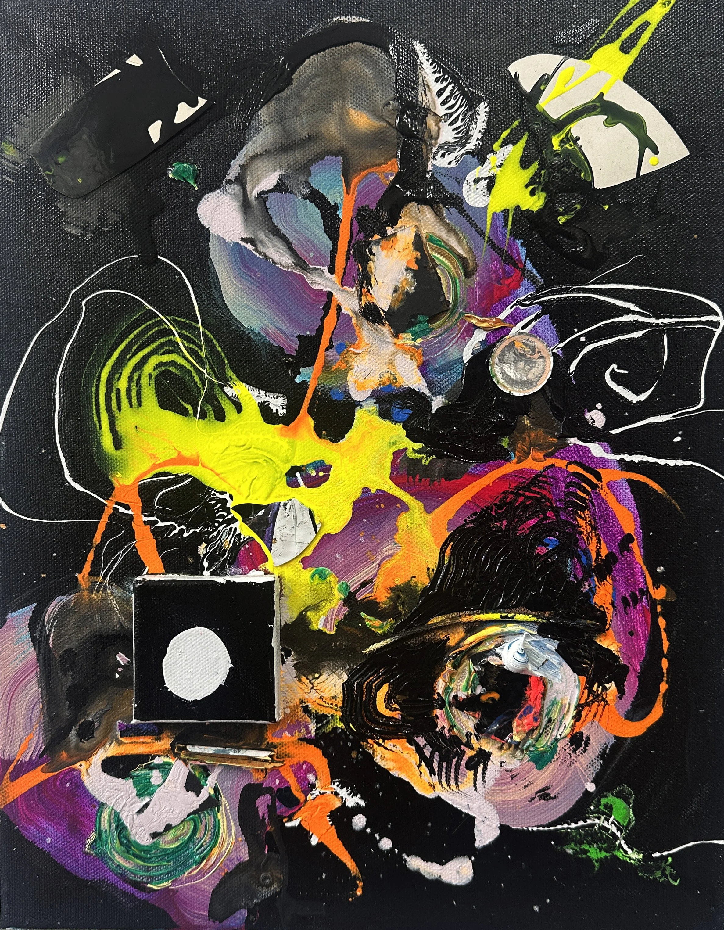 "We Move Through The World, The World Moves Around Us (Daily Dose), acrylic and glitter and mini-canvas on canvas, 11x14 inches, 2026