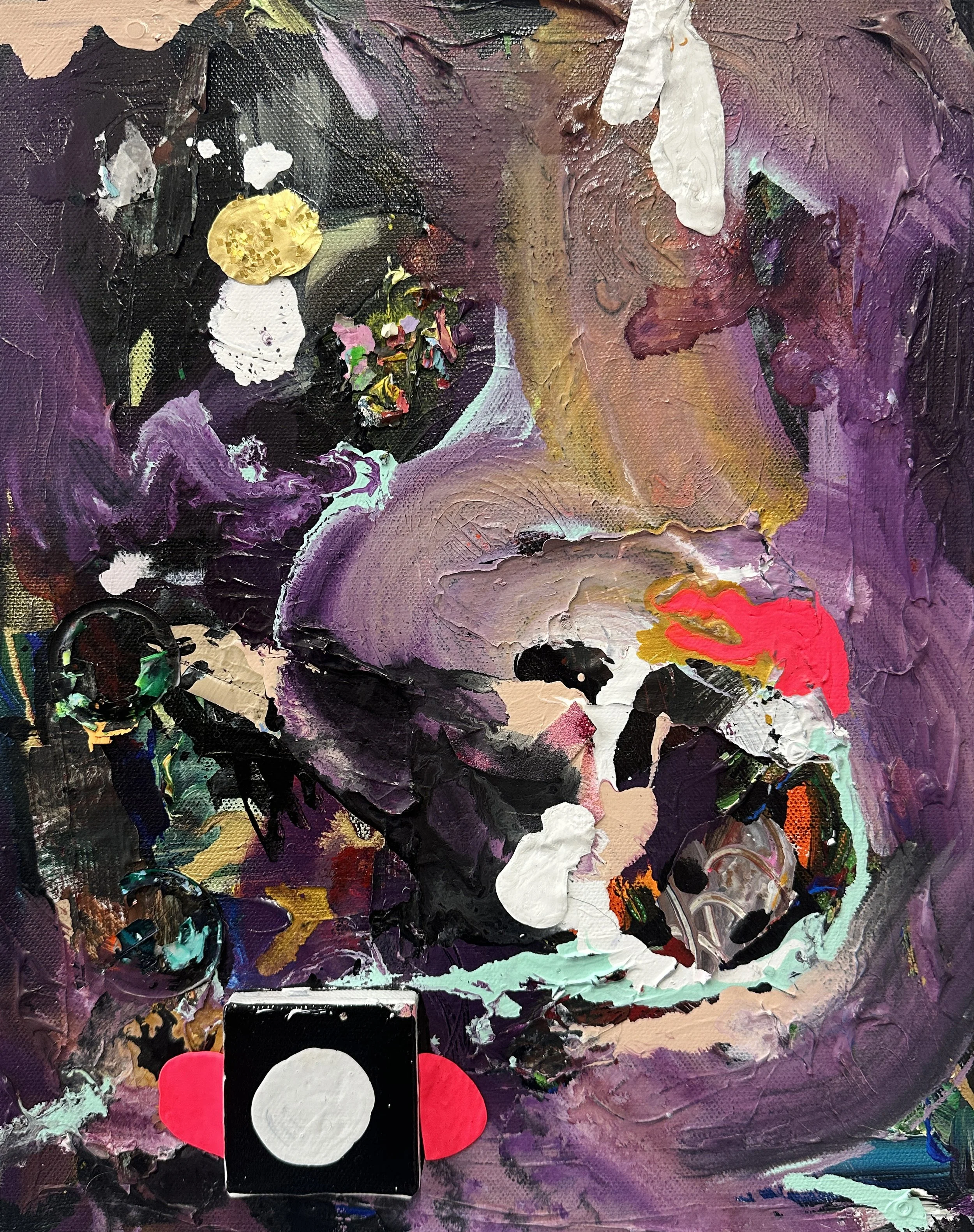 “We Move Through The World, The World Moves Around Us (Loved Ones)”, acrylic and glitter and a mini-canvas on canvas, 11x14in, 2026