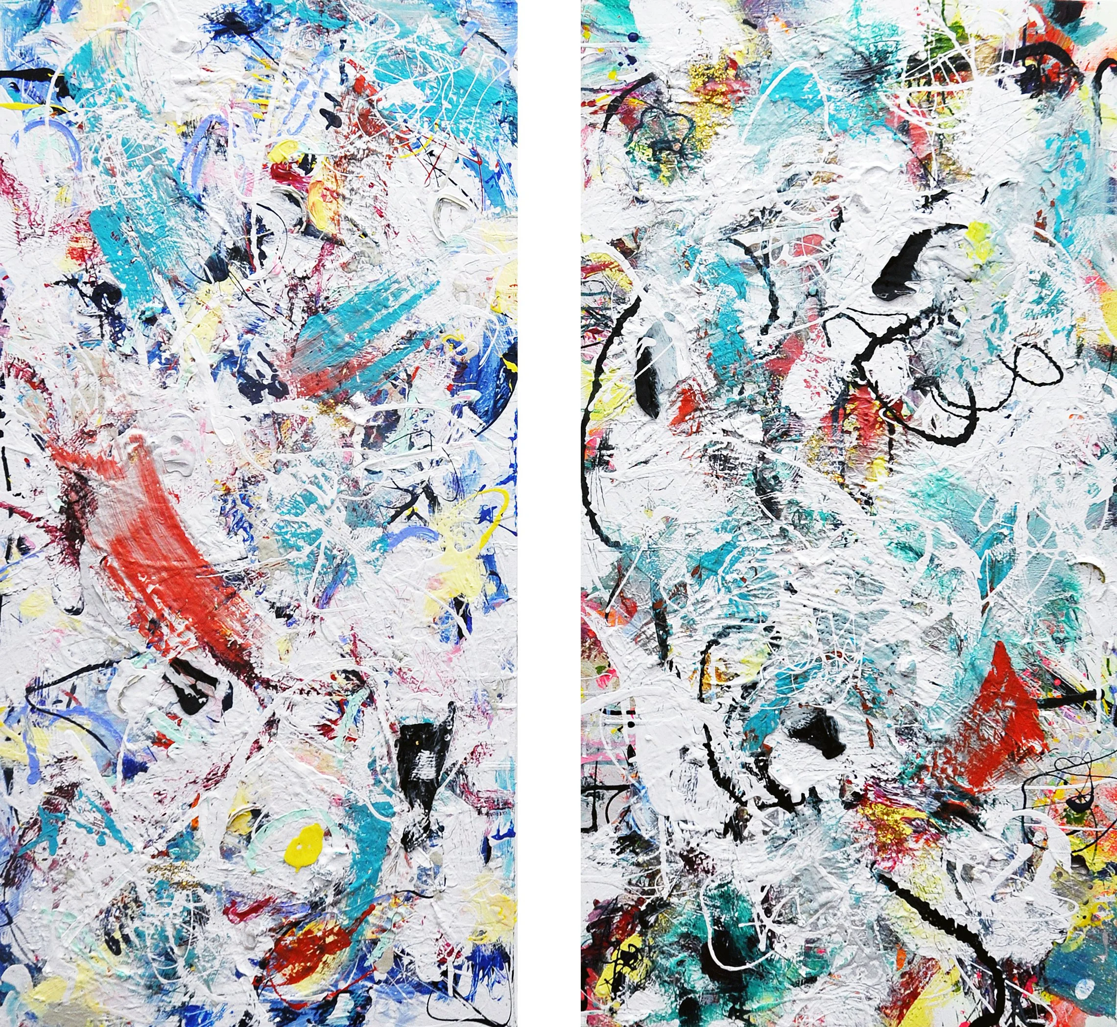 STAGE HEARTS (Dancing Seeds, Fire Feel, Composed Delicate)  |  acrylic on canvas, diptych, 24x3 in each, 2019