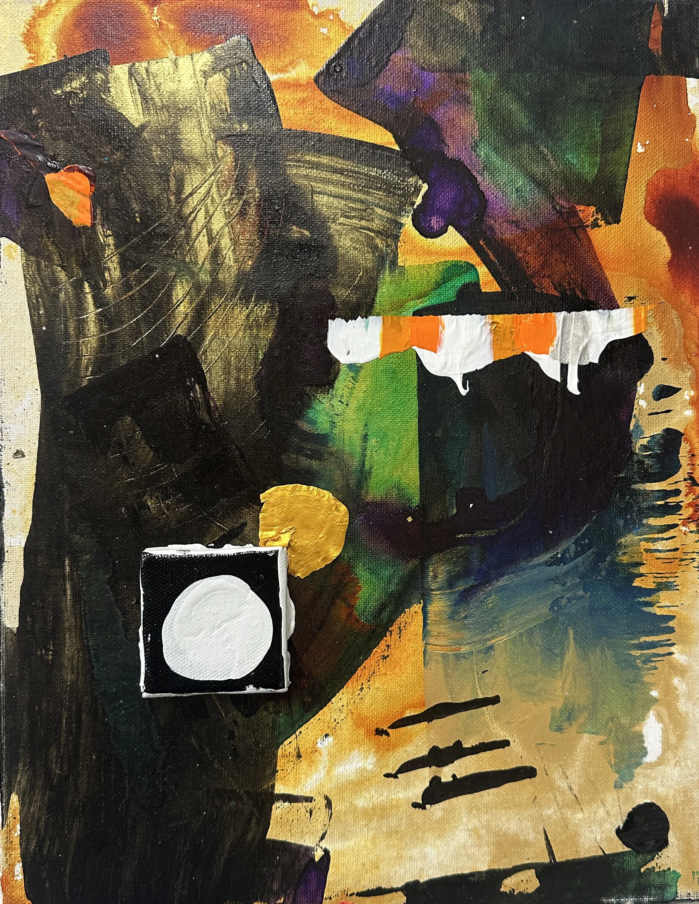 "We Move Through The World, The World Moves Around Us (Id, Ego, Superego), acrylic and mini-canvas on canvas, 11x14 inches, 2026