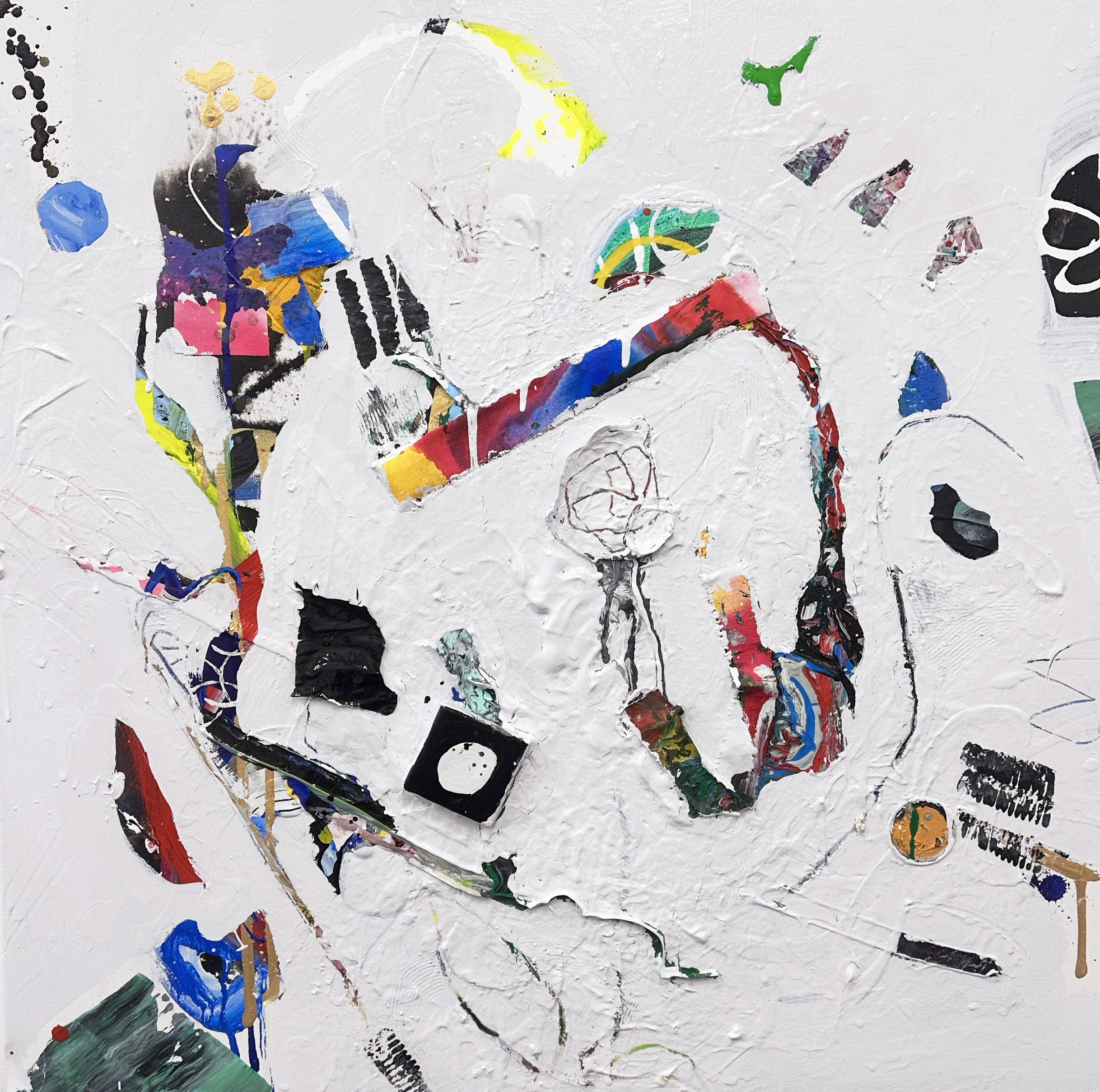 "Artifacts", acrylic and mixed media on canvas, 25x25 inches, 2025