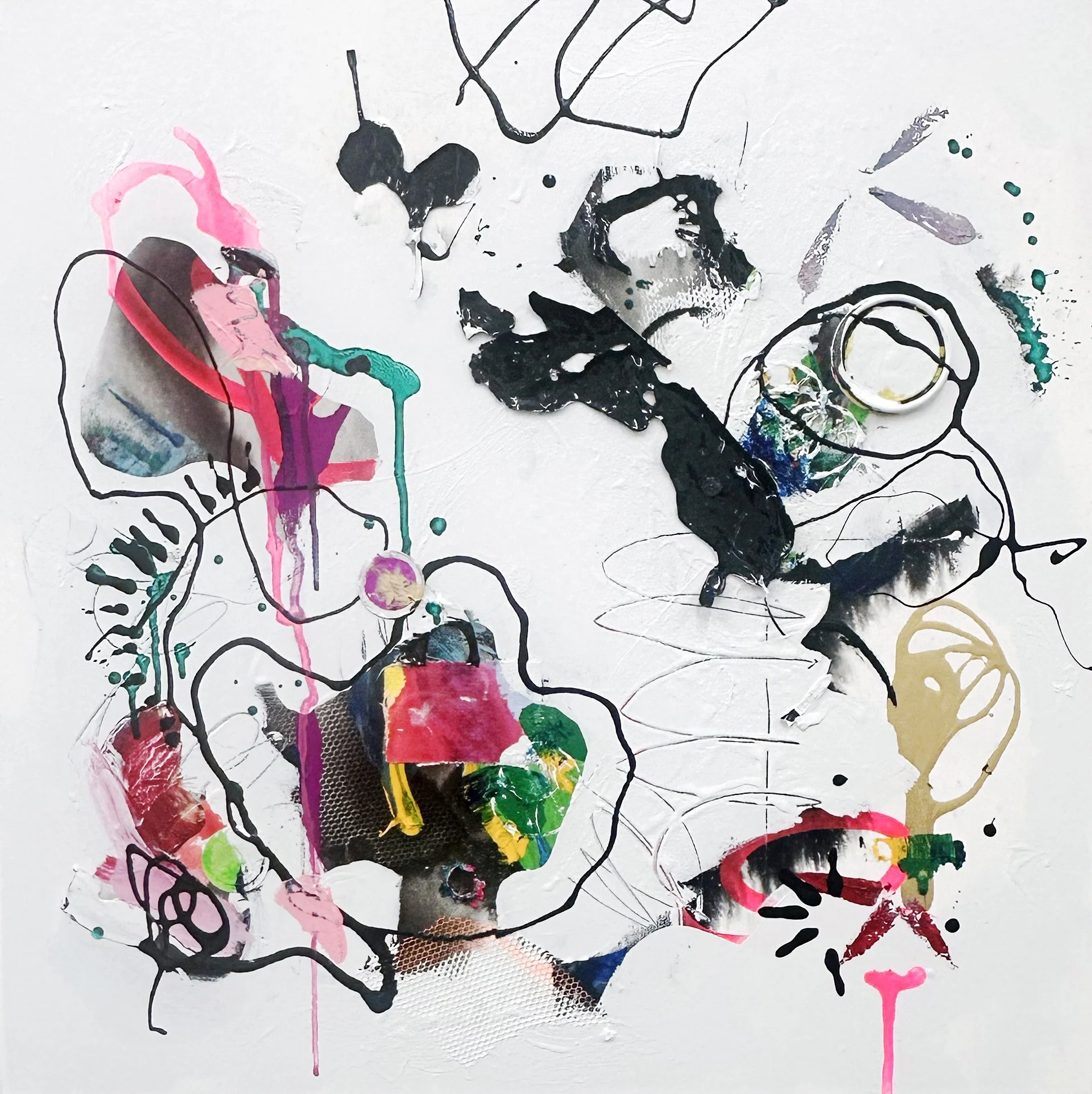 "Modern Myth", acrylic and mixed media on canvas, 25x25 inches, 2025