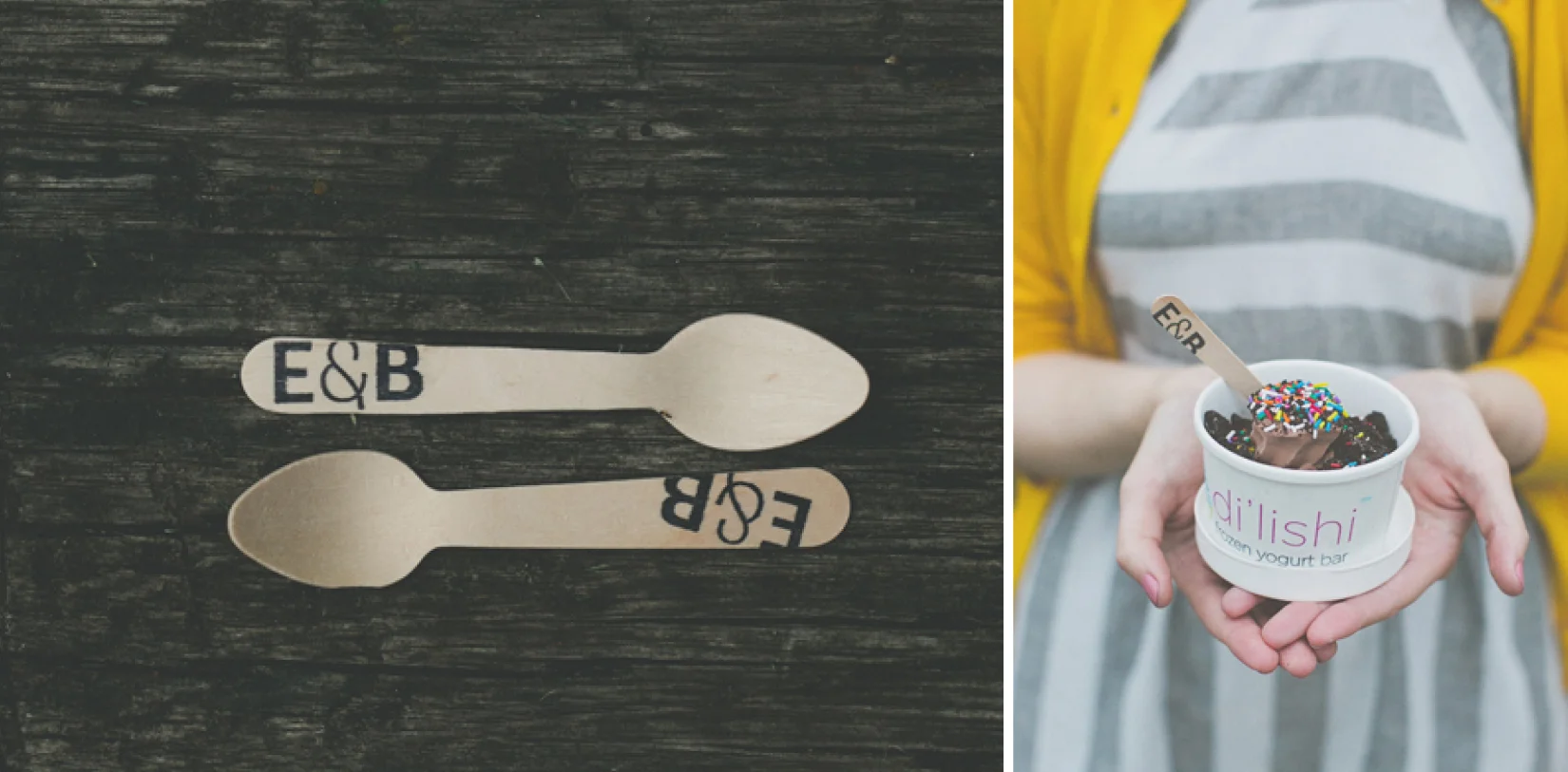 Custom Fro-yo Spoons, modeled by Maid-of-Honor / Sister of the Bride / Designer Extraordinaire, Bryce