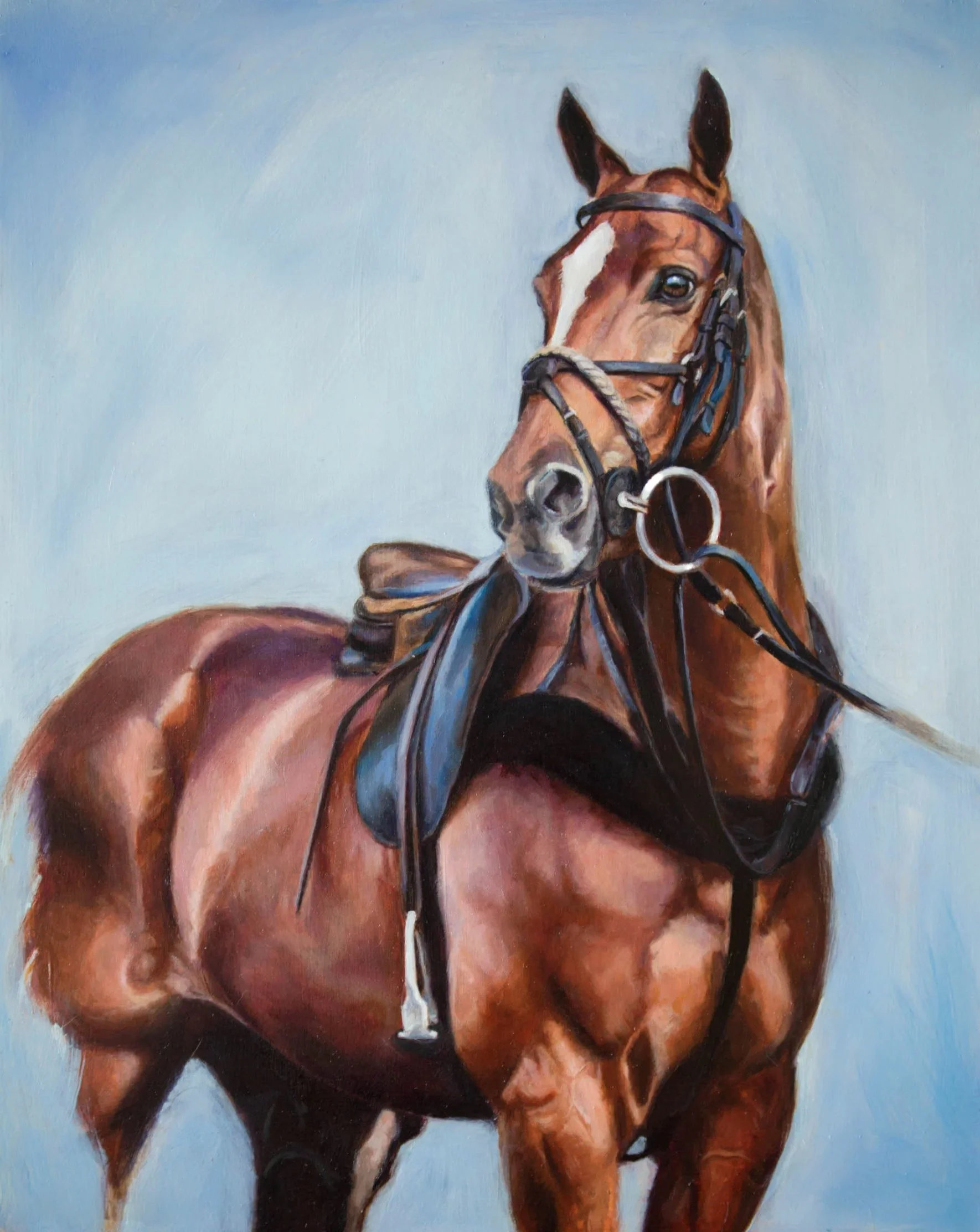 Chestnut Polo Horse Oil Painting Portrait with bridle and bit