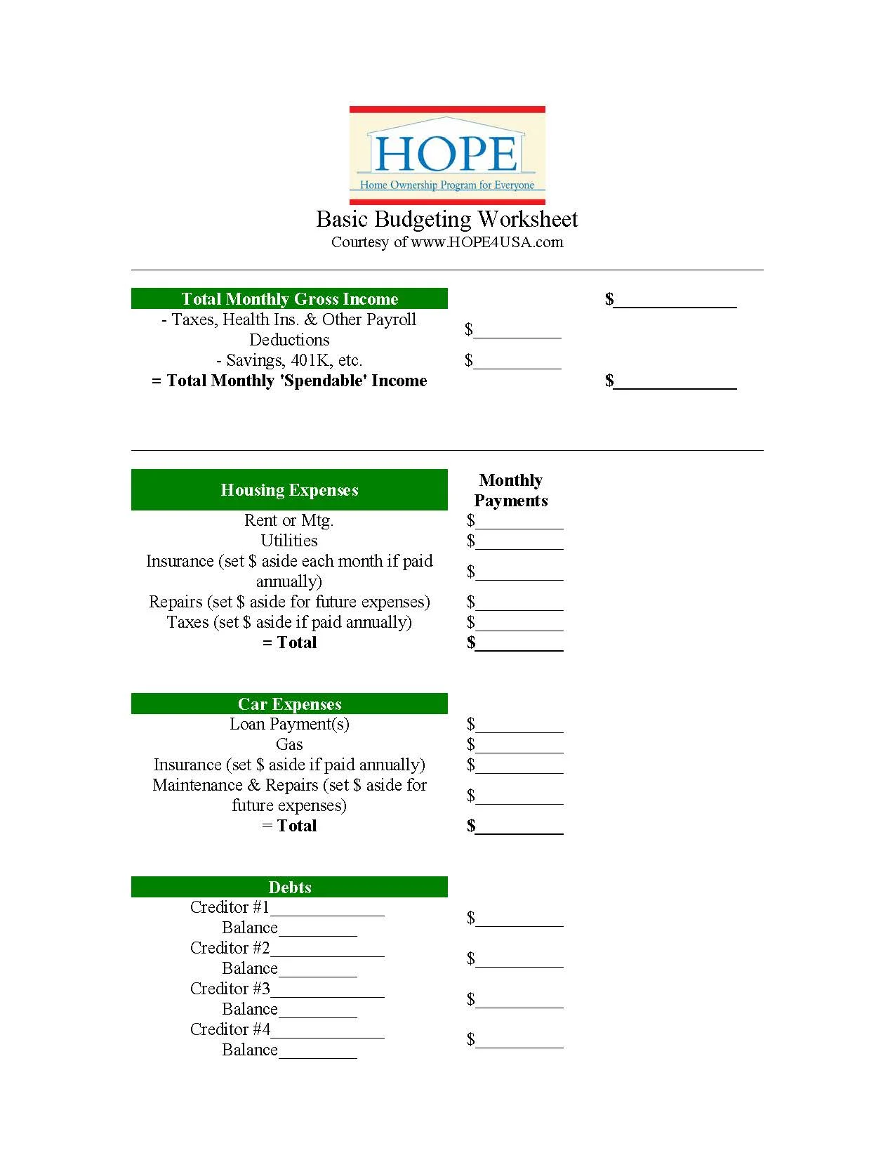 free gift hopes basic budgeting worksheet hope4usa
