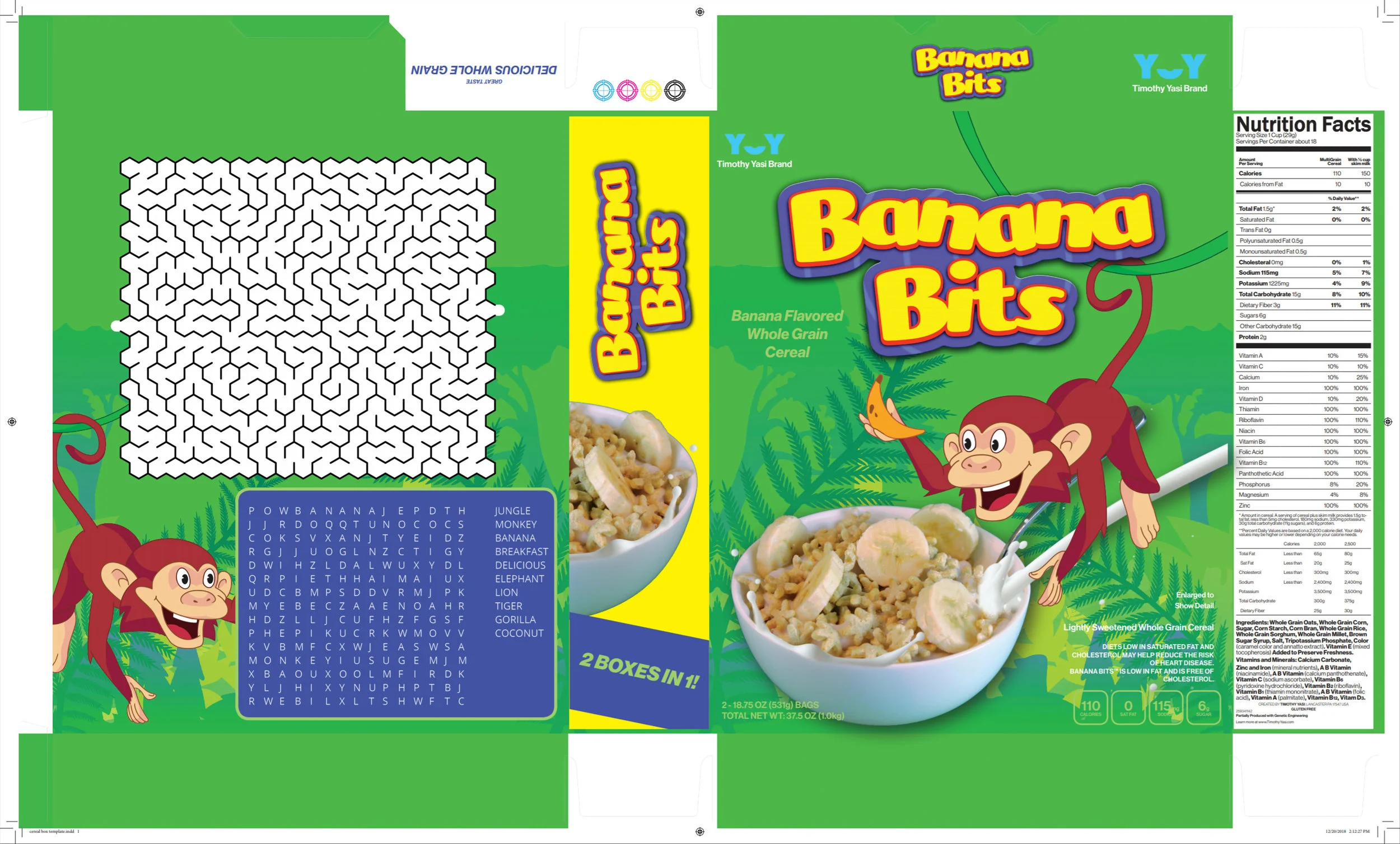 Cereal box design made with Adobe Photoshop and InDesign. I also photographed and edited the cereal bowl image used in this design.