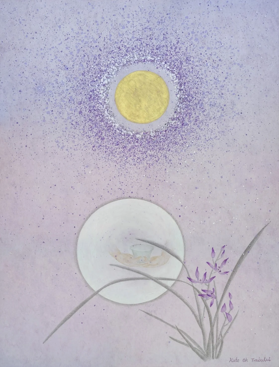 Reaching for eternal energy - Orchid, 2017 Ground pigment, ink, Hanji paper on wood panel 18x24 inches Sold