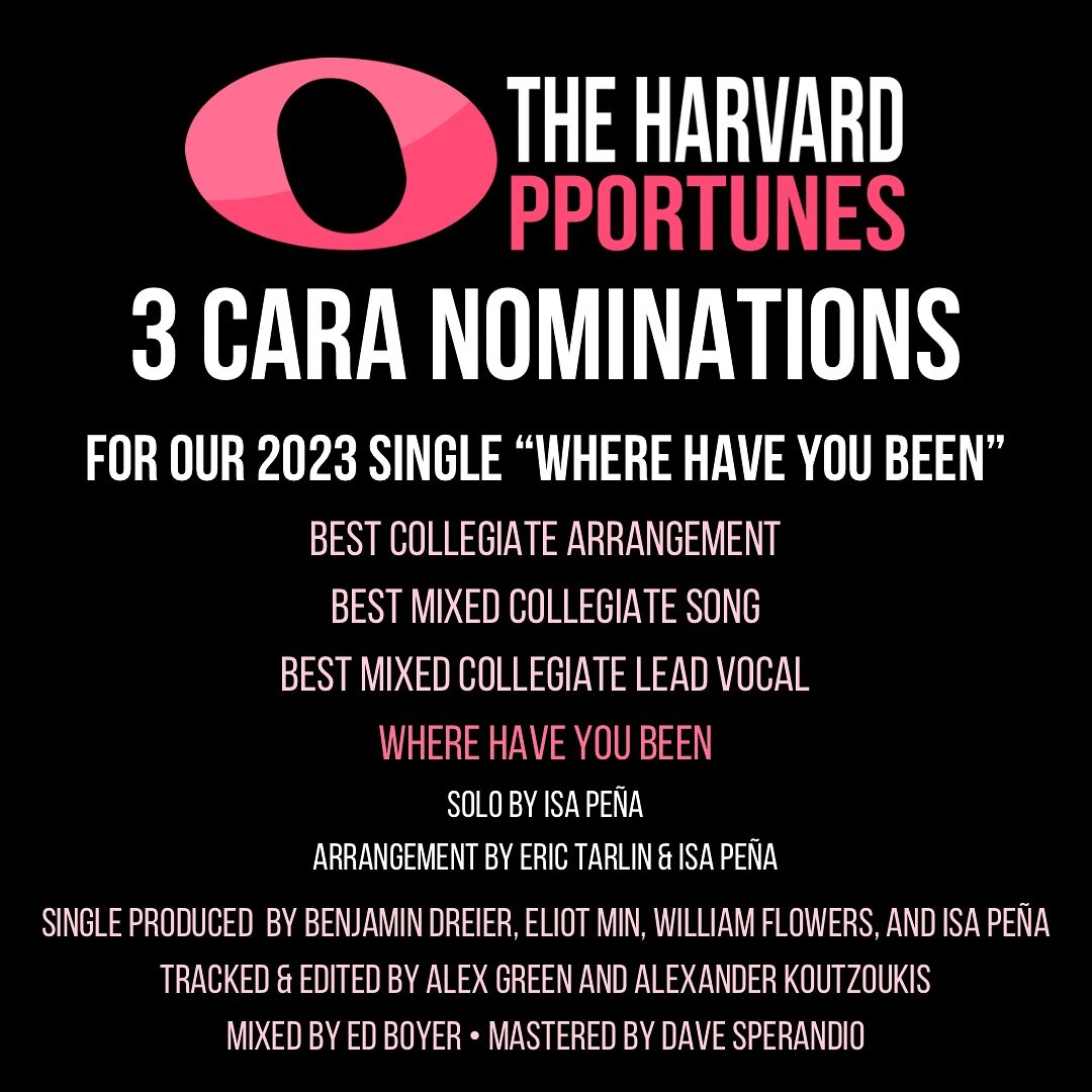 We&rsquo;re so excited to have received 3 CARA
(Contemporary A Cappella Recording Awards) Nominations for our Single &ldquo;Where Have You Been&rdquo;!! Thank you @casavocal for this recognition!

We were nominated for:
&bull; Best Collegiate Arrange