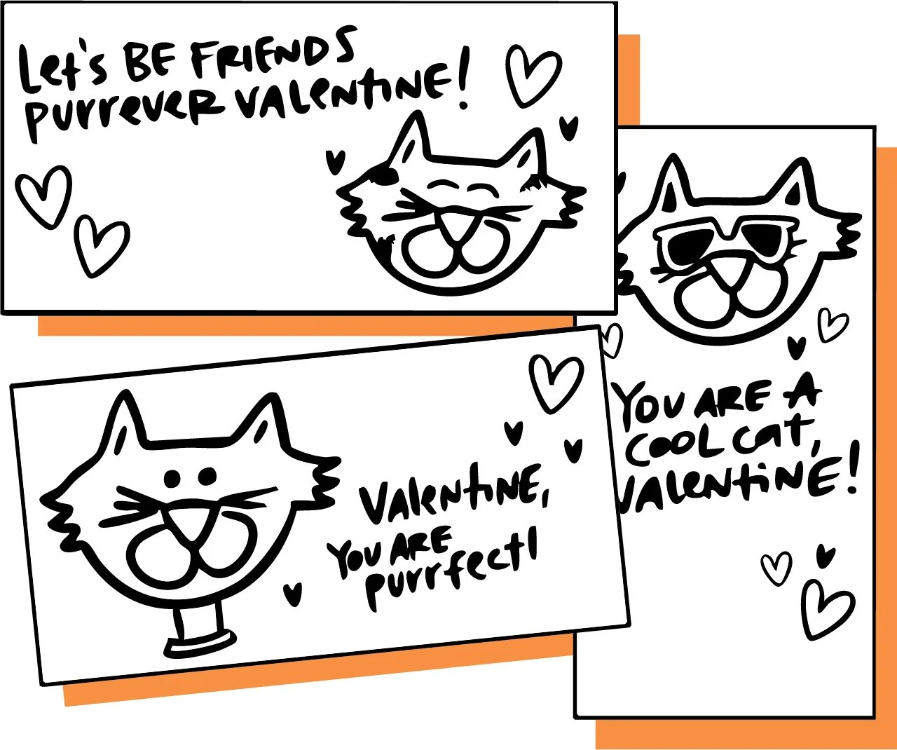 Printable cat themed Valentine cards for kids to bring to school
