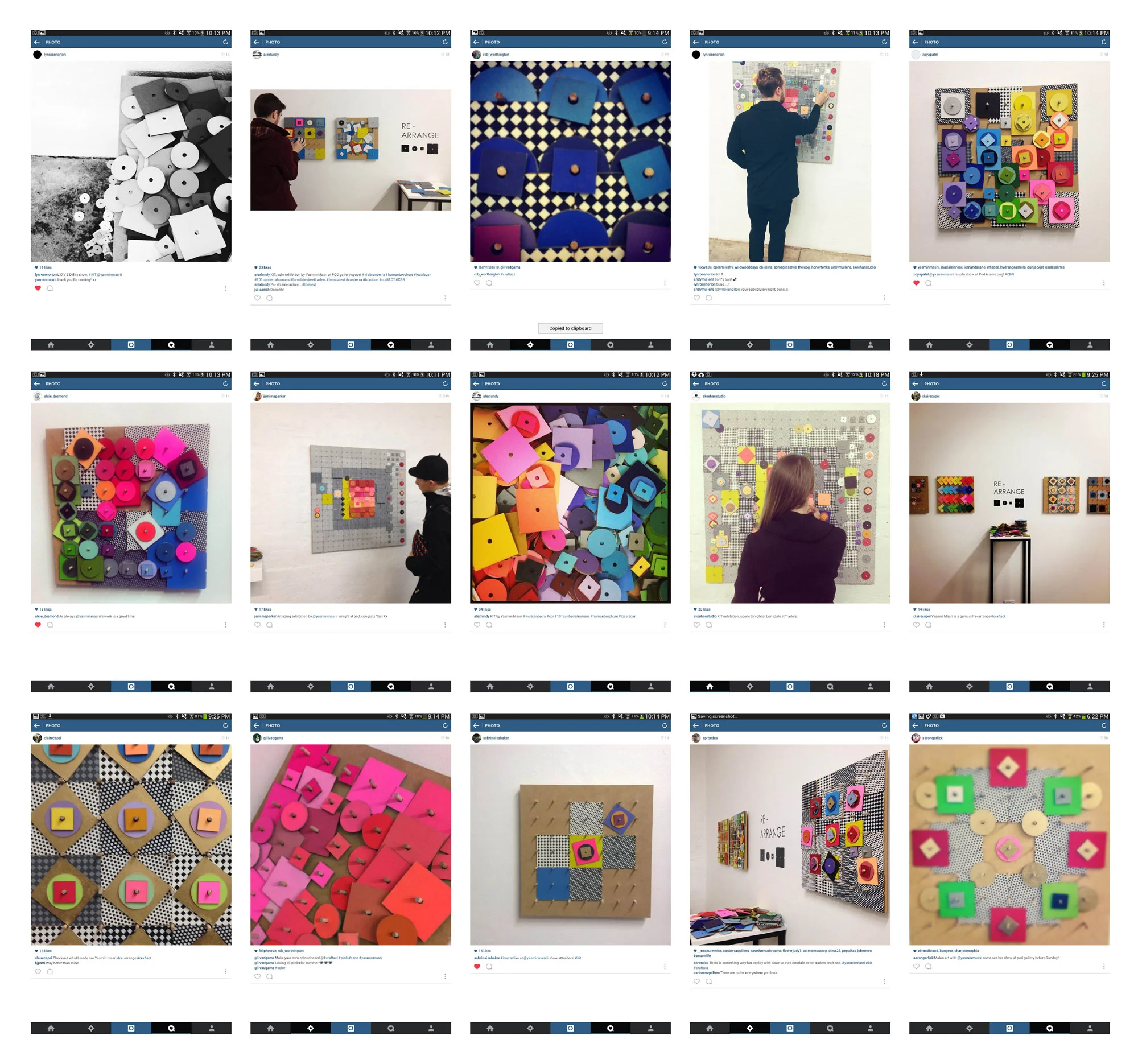 Re-arrange (various stills taken by audience), 2014, acrylic on MDF, dimensions variable.
