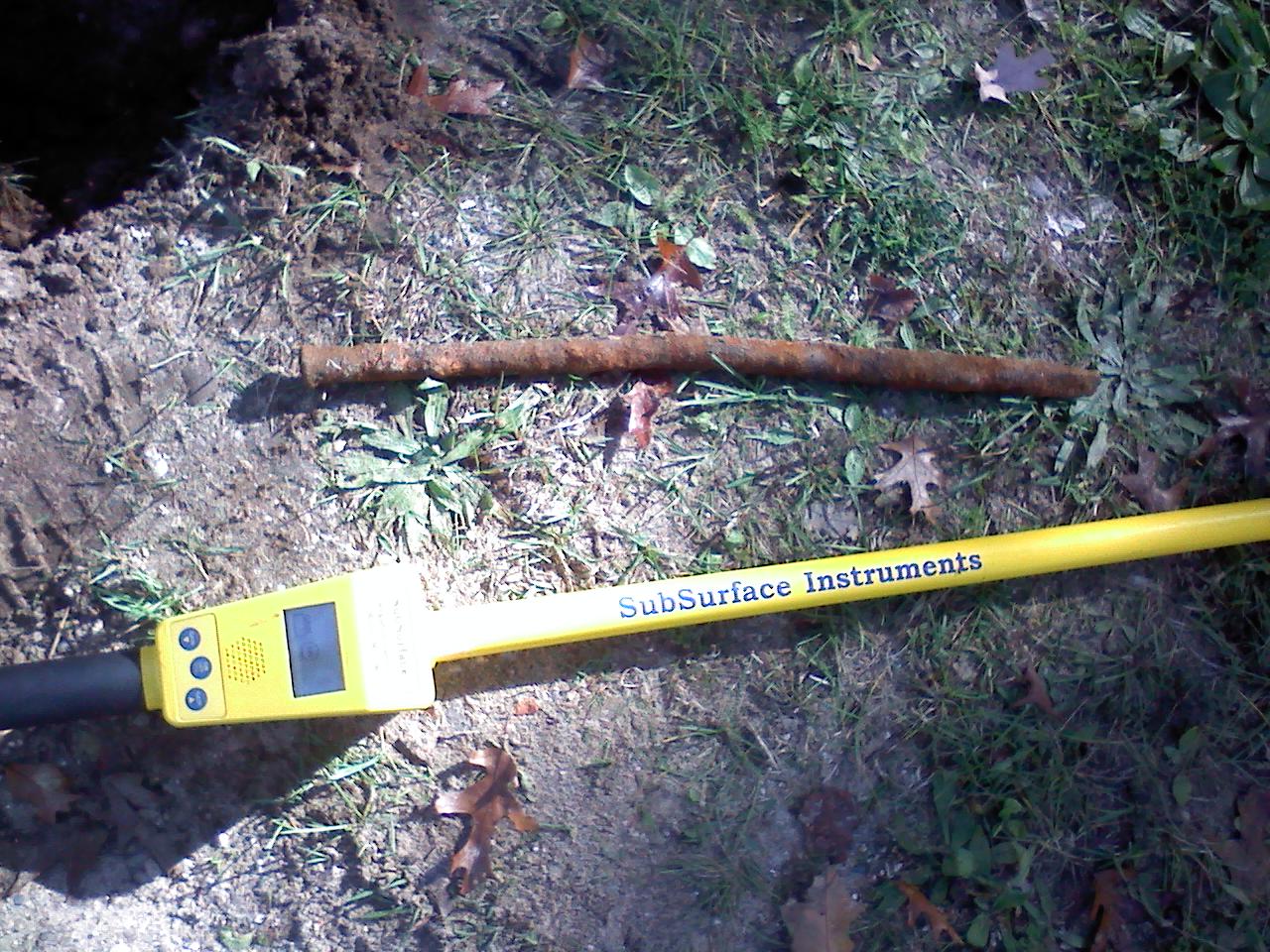 18" round Drift Bolt (commonly used in railroad trestles for piling head cap fasteners ) set for 1904 plat corner in Goodman's Addition, Section 4, Branch Township, Mason County, found in October 2013