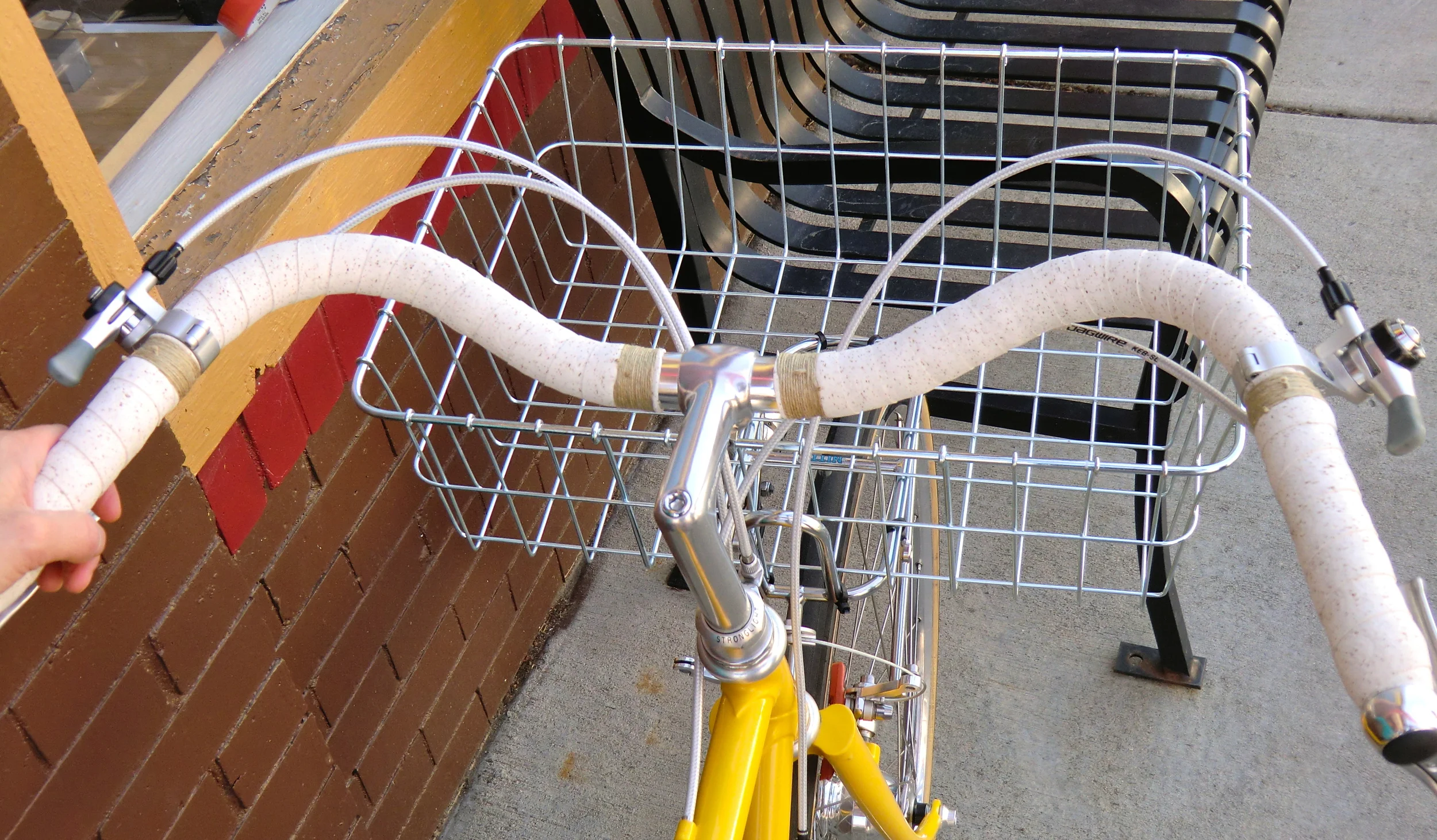 Soma Sparrow Handlebar, NITTO front rack, Wald front basket, Cork & Hemp bar wrap, IRD shifters, Jagwire housing