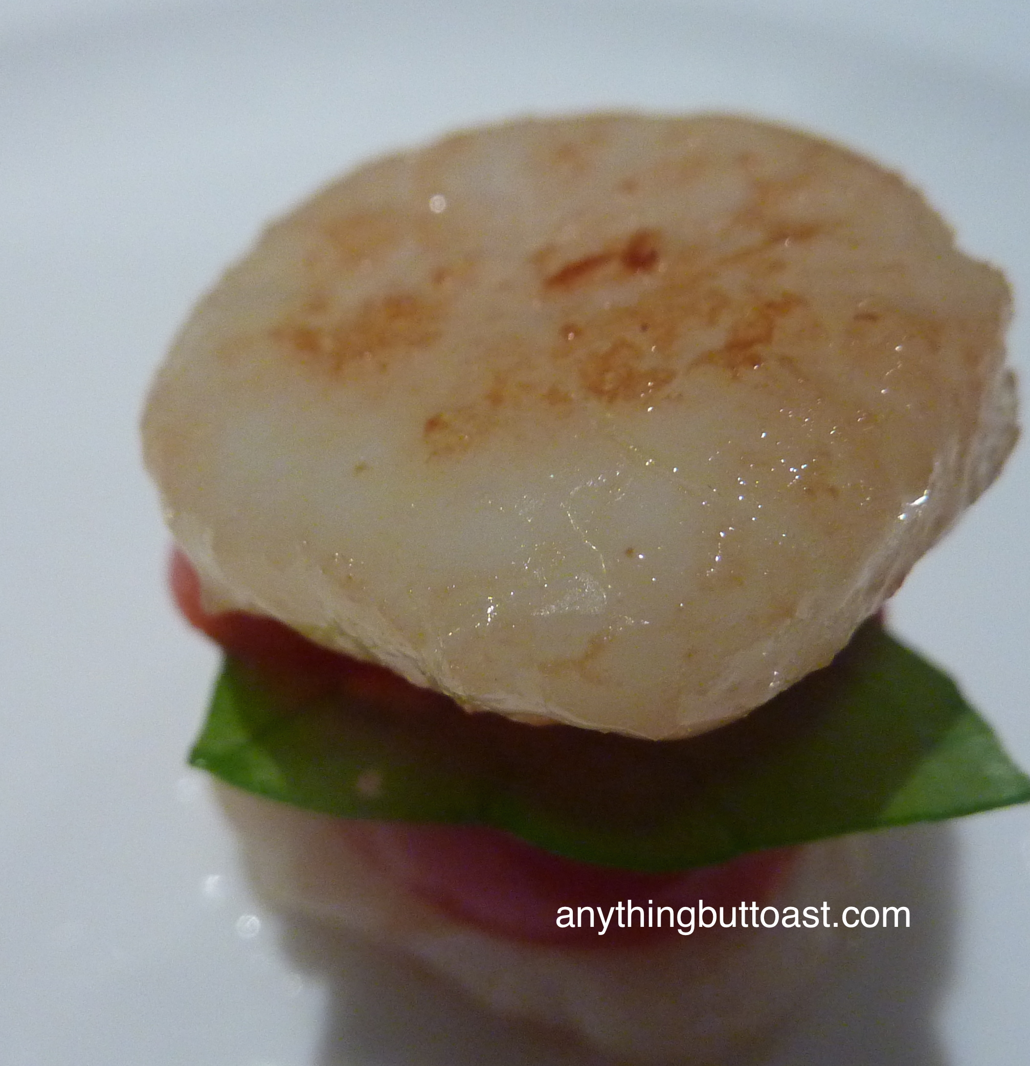 Scallop BLT, hiding is some crisp proscuitto. Nice but really not worth the effort 
