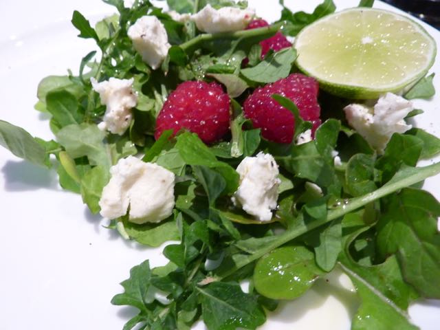 I am a huge fan of fruit in salads. Orange is usually my go to fruit to combine with rocket (also great with fennel) but as raspeberries were on sale this morning these went in. A truly delicious mixture of peppery rocket, salty feta, tart lime with the sweet fruit.