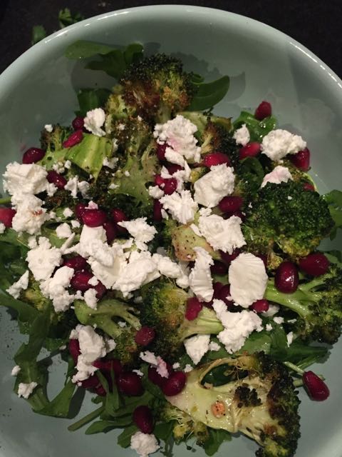 A delicious roasted broccoli, feta and pomegranate salad. I think I went a bit heavy on the feta but I just love this cheese