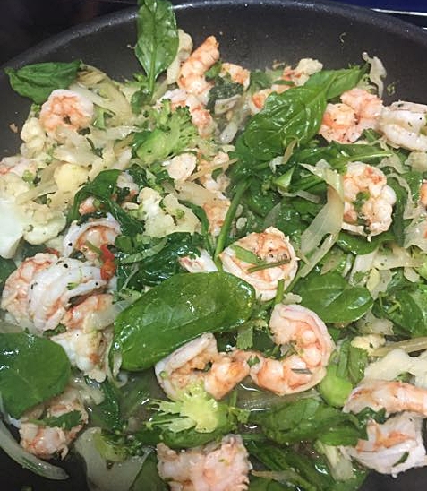 Last nights dinner, Stir fry prawns w broccoli, spinach and cauliflower. Quick and light.