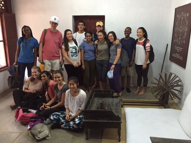 Just a few hours after landing in Ahmedabad, we visited the Gandhi ashram Here we are in Gandhi's original guest room with his spinning wheel. We were inspired by listening to many personal stories about Gandhi by our wonderful guide, Suresh bhai, from Manav Sadhna..
