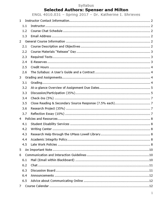 Example of a table of contents from one of my syllabi