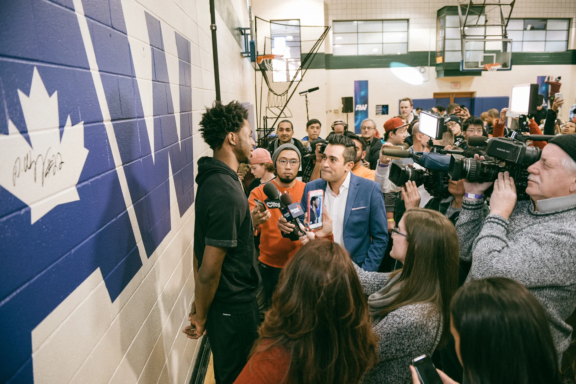 Andrew Wiggins taking media questions at the Dufferin Clark Community Centre gym