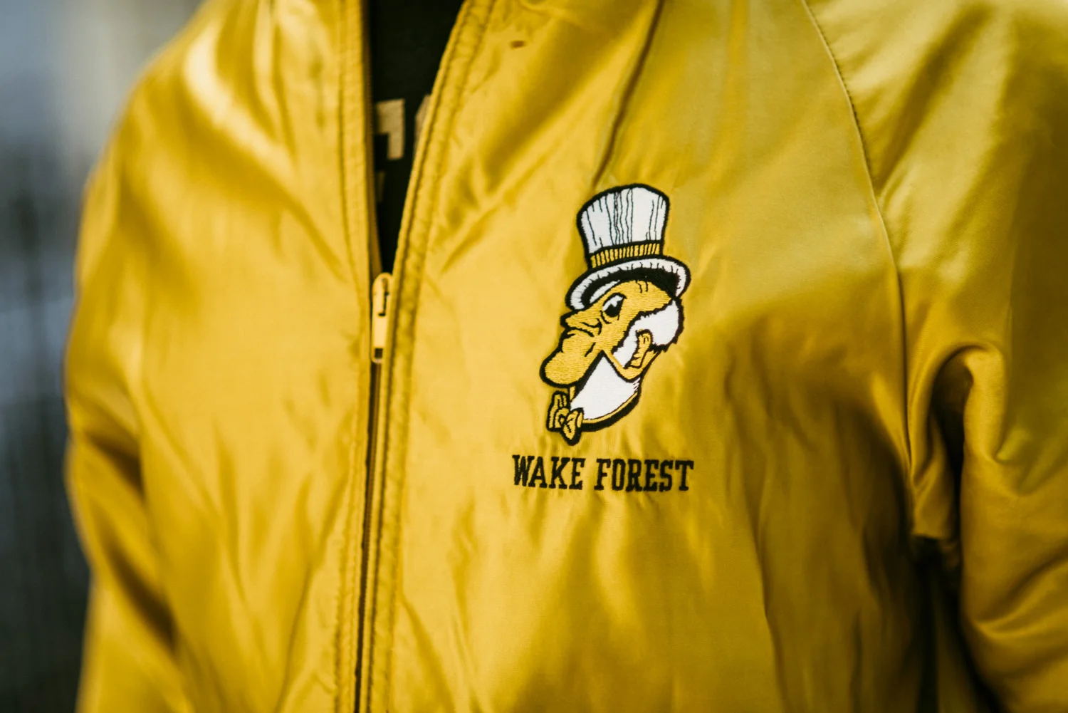 Detail of Jeff's vintage WFU jacket. 
