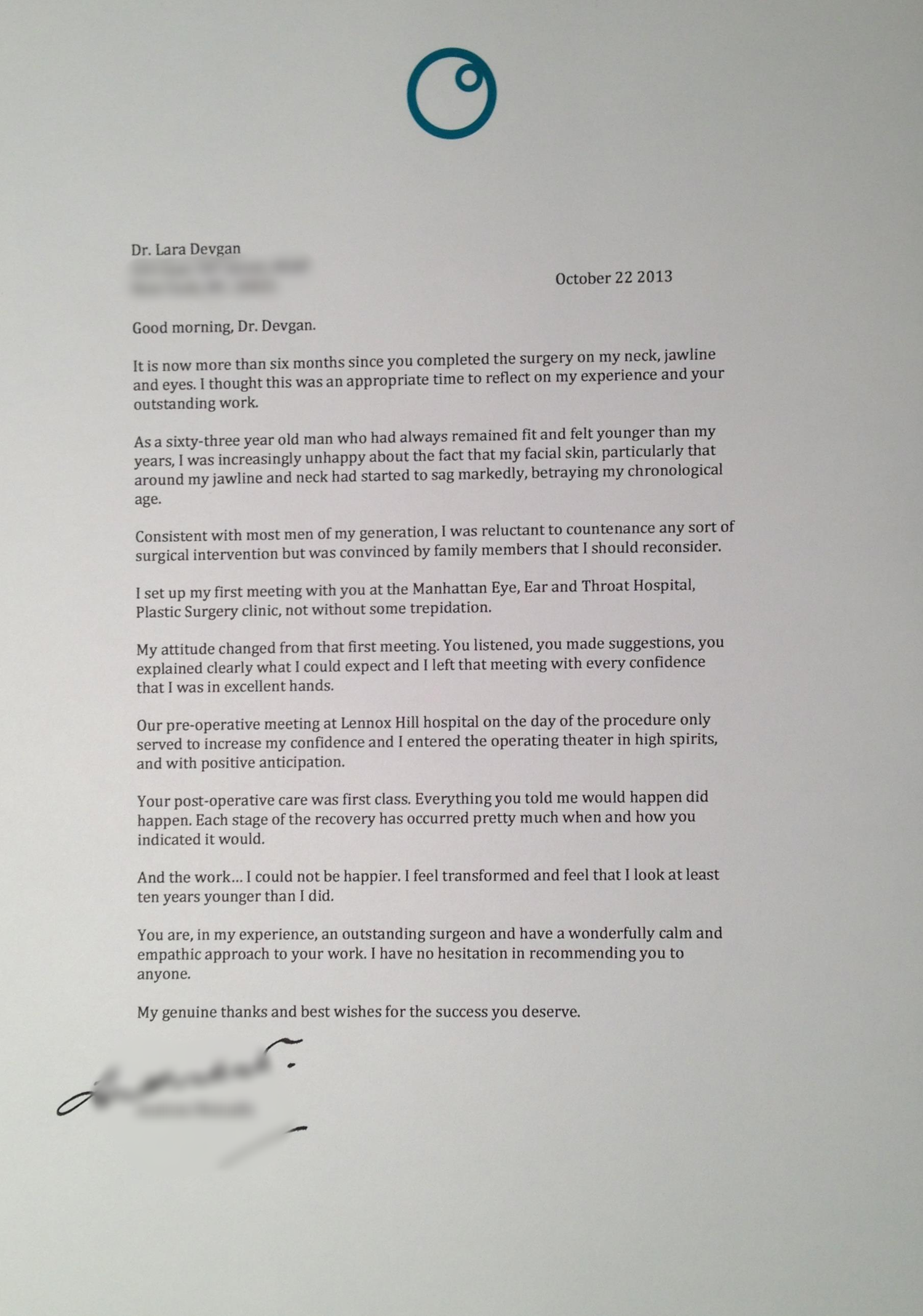 Letter from a male facelift and upper & lower lid blepharoplasty patient