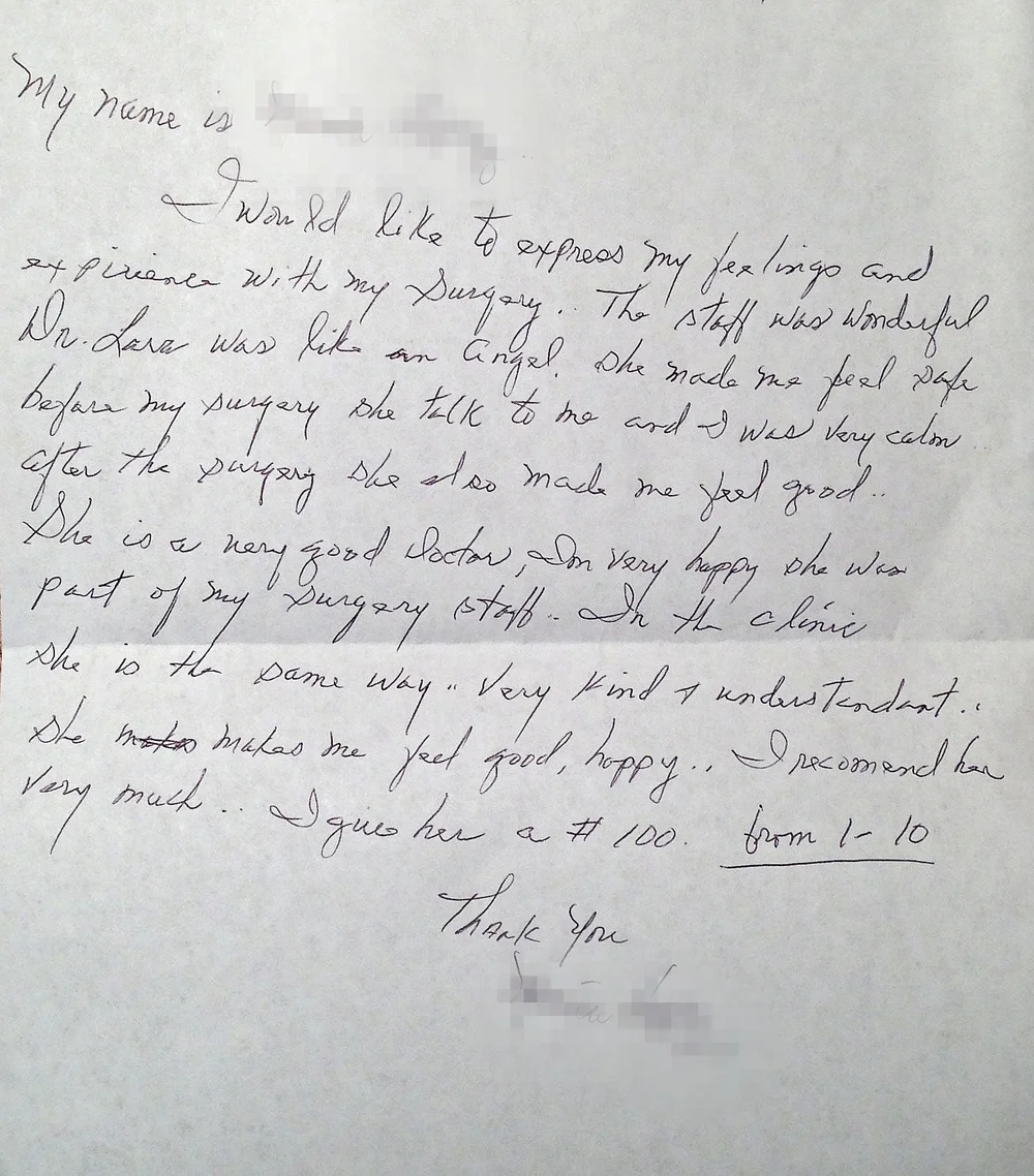 Letter from an upper eye lift (blepharoplasty), necklift/ facelift patient.