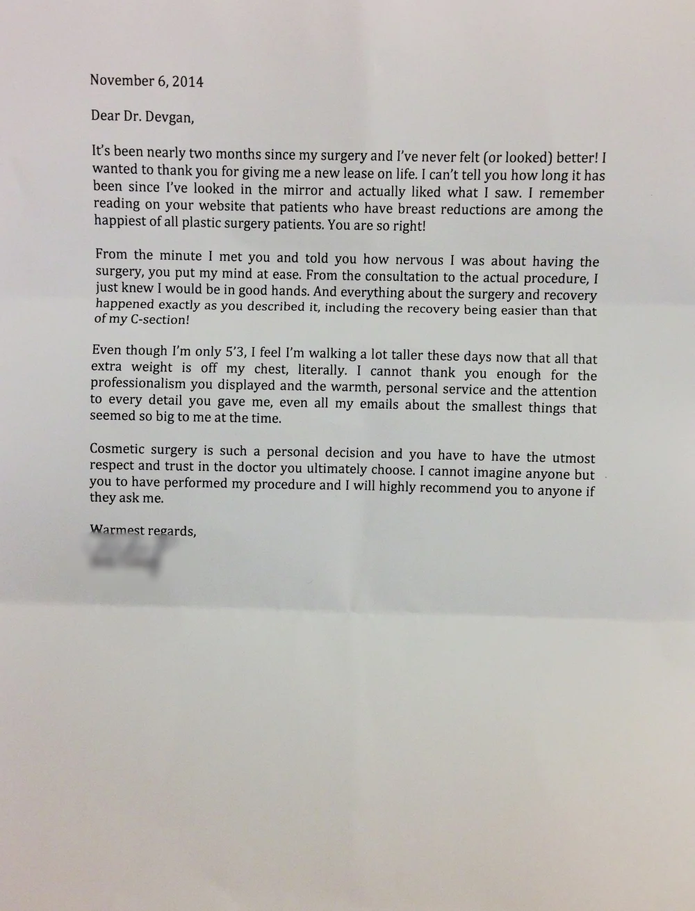 Letter from a liposuction and breast lift/ reduction patient.