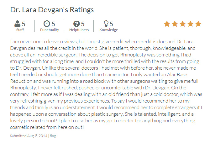Verified rhinoplasty patient review from RateMDs.com