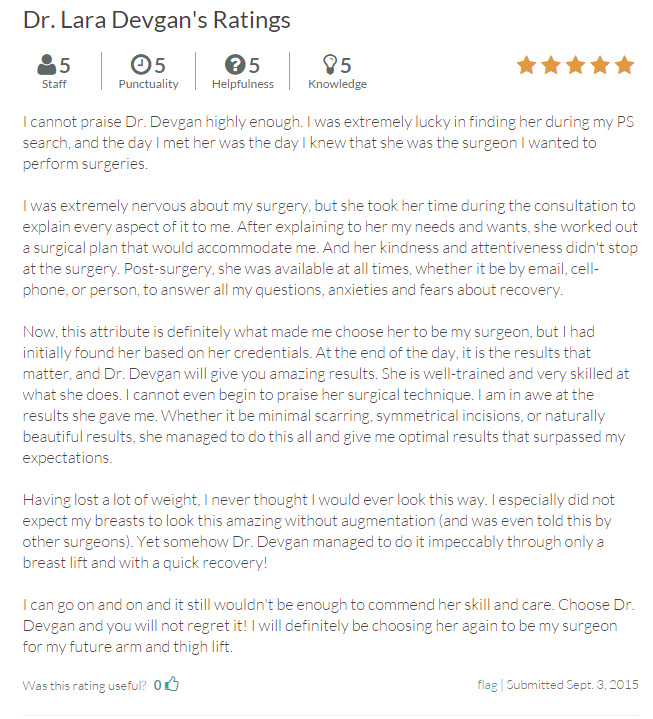 Verified patient review of Dr. Devgan from RateMDs.com; mastopexy and tummy tuck patient.