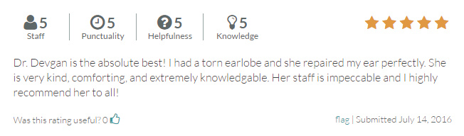 RateMDs.com review from a torn earlobe reconstruction patient