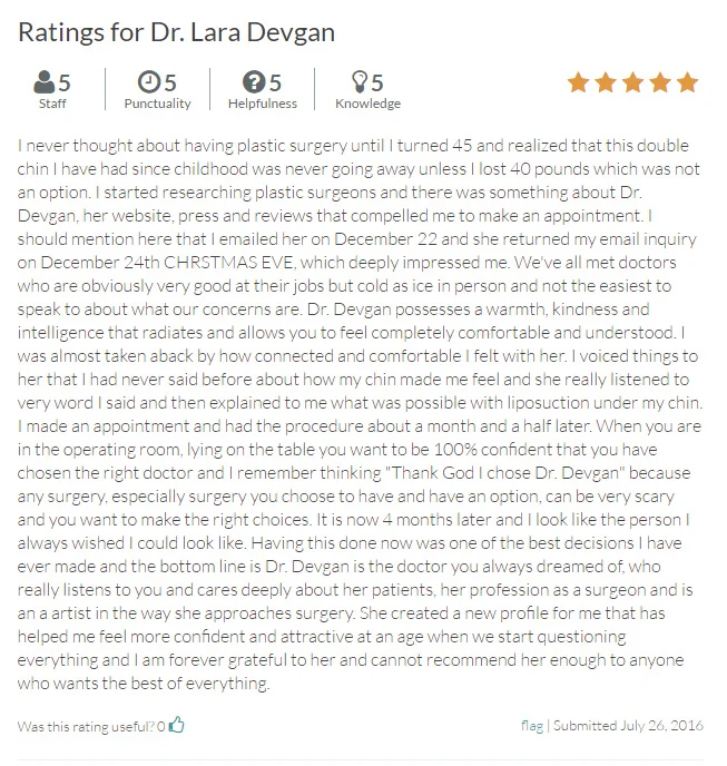 Recent review by an actual submental liposuction patient of Dr. Devgan