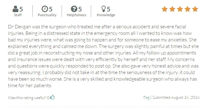 RateMDS.com review from a nasal reconstruction/ nose surgery patient
